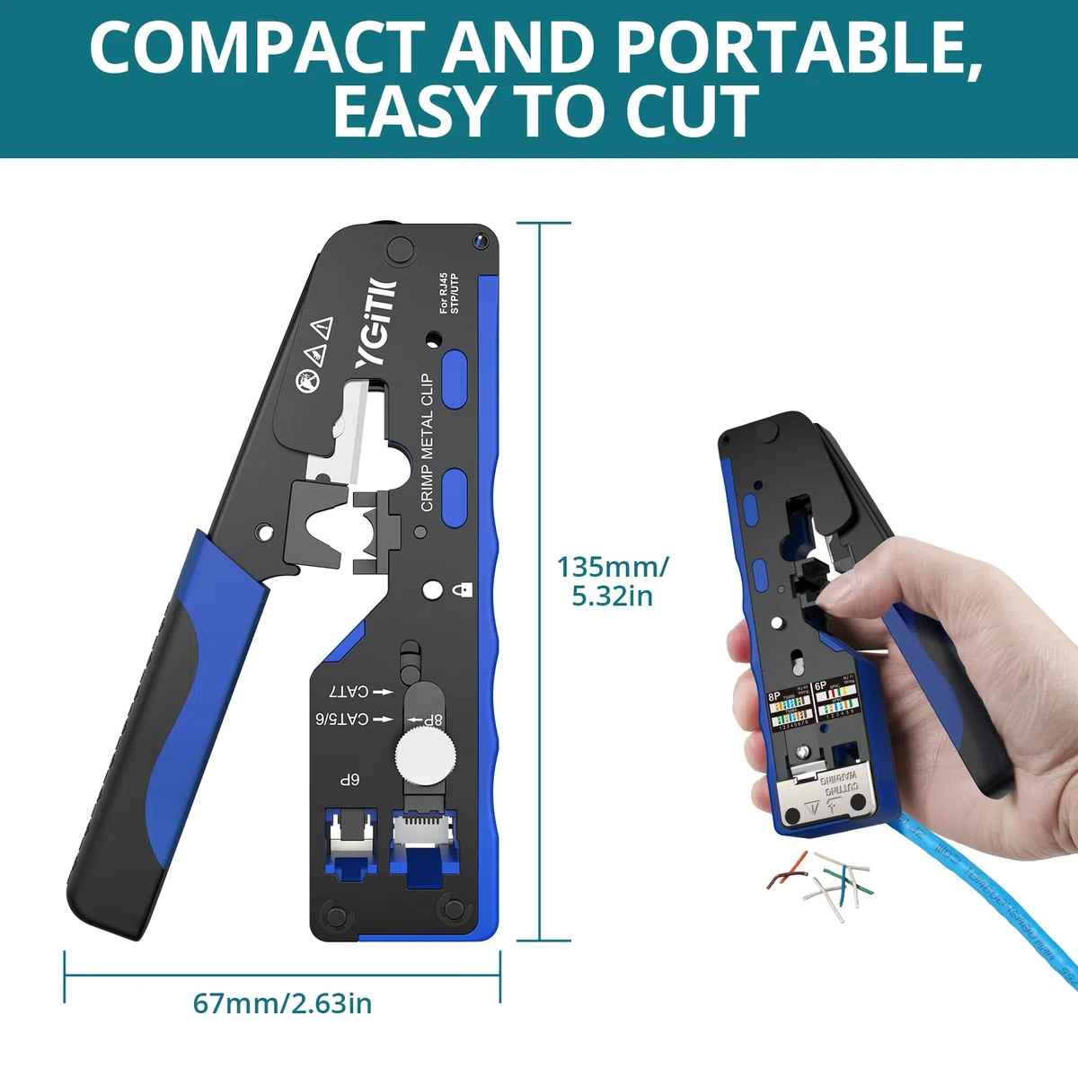 RJ45 Herramienta de Crimpado con Probador Red, Kit de Herramienta de Red Alicates de Crimpar para CAT5, CAT5e, CAT6, CAT6a, CAT7, CAT7a con 50pcs Conector CAT6 Chapado en Oro y 50pcs Funda Azul