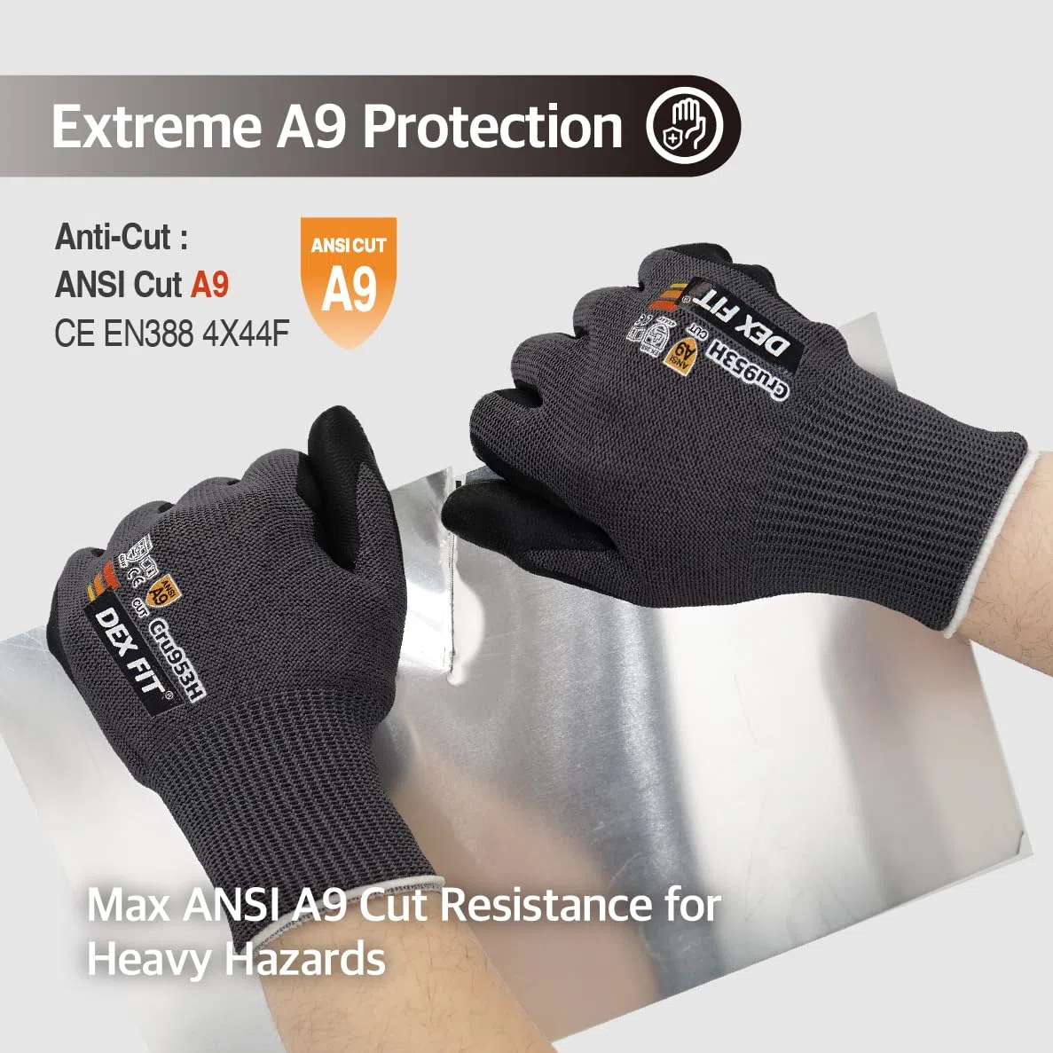 DEX FIT Guantes anticorte Cru953H, ANSI A9, EN388 4X44F, sin fibra de vidrio, Power Grip de nitrilo espumado (base agua), ajuste 3D, táctiles, lavables, 13-gauge; Blackgrey M 1 Pair