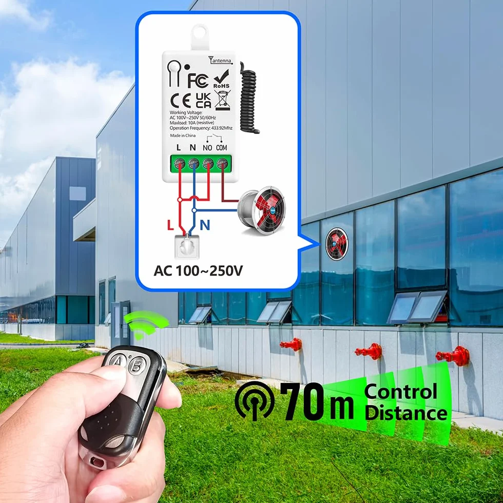 Interruptor de Control Remoto Inalámbrico 220V 230V 110V 1 Canal 433Mhz Radio Control Relé Receptor con 2 Transmisor keyfobs Contactos libres de potencial Relé para Luz/Ventilador/Abrepuertas