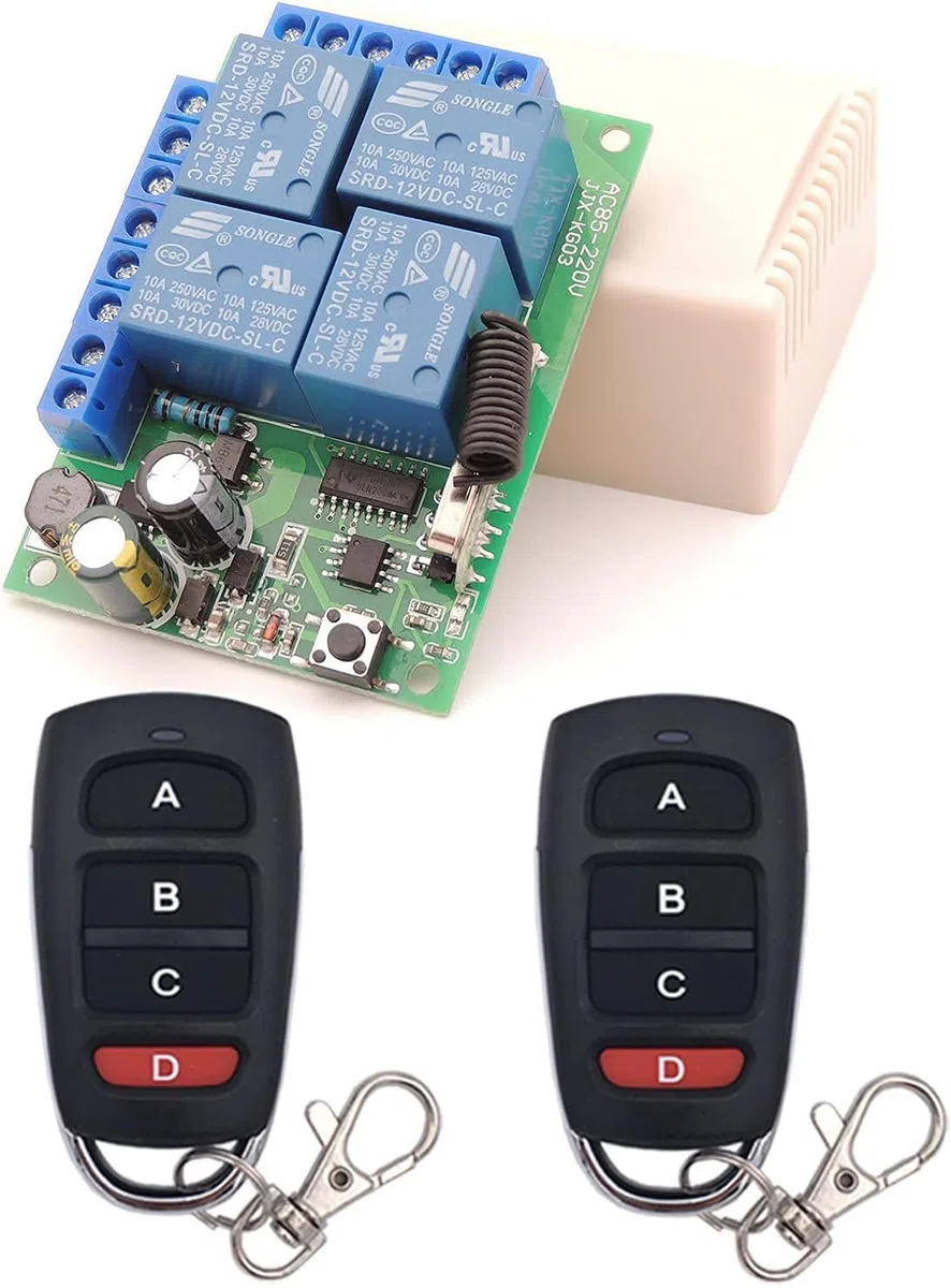 DieseRC Interruptor de control remoto inalámbrico universal AC 220V 230V 10A Receptor de relé RF de 4 canales con 2 transmisores para motor puerta de garaje luz cortina eléctrica