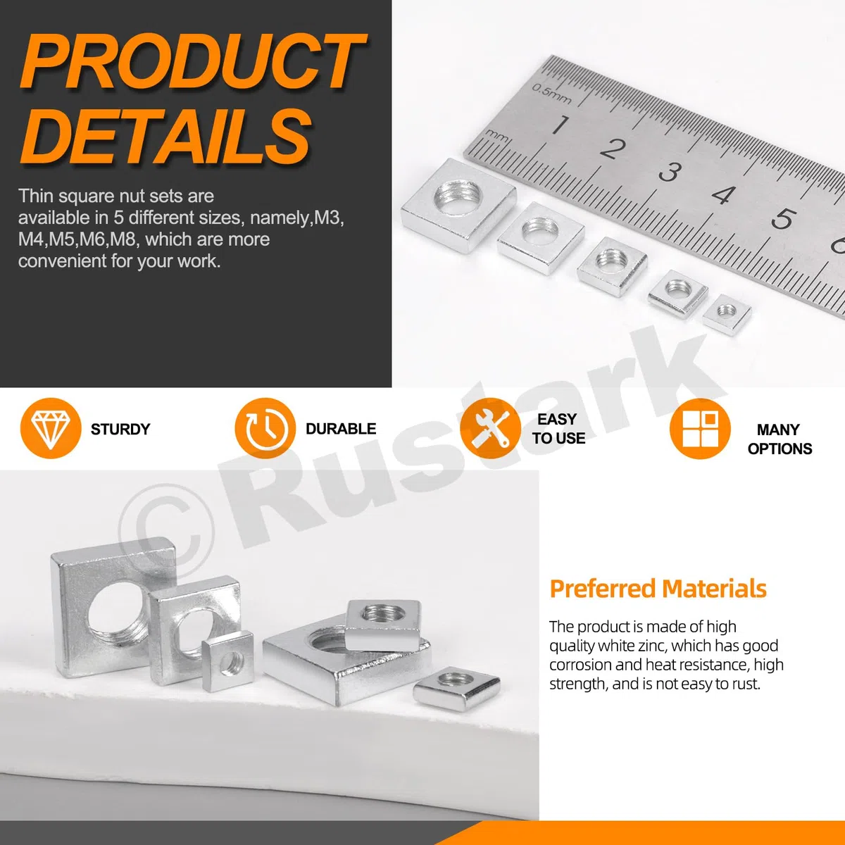 Kit surtido de 90 tuercas cuadradas M3 M4 M5 M6 M8, tuercas cuadradas para máquina de rosca gruesa métrica chapada en zinc blanco para equipos electrónicos mecánicos