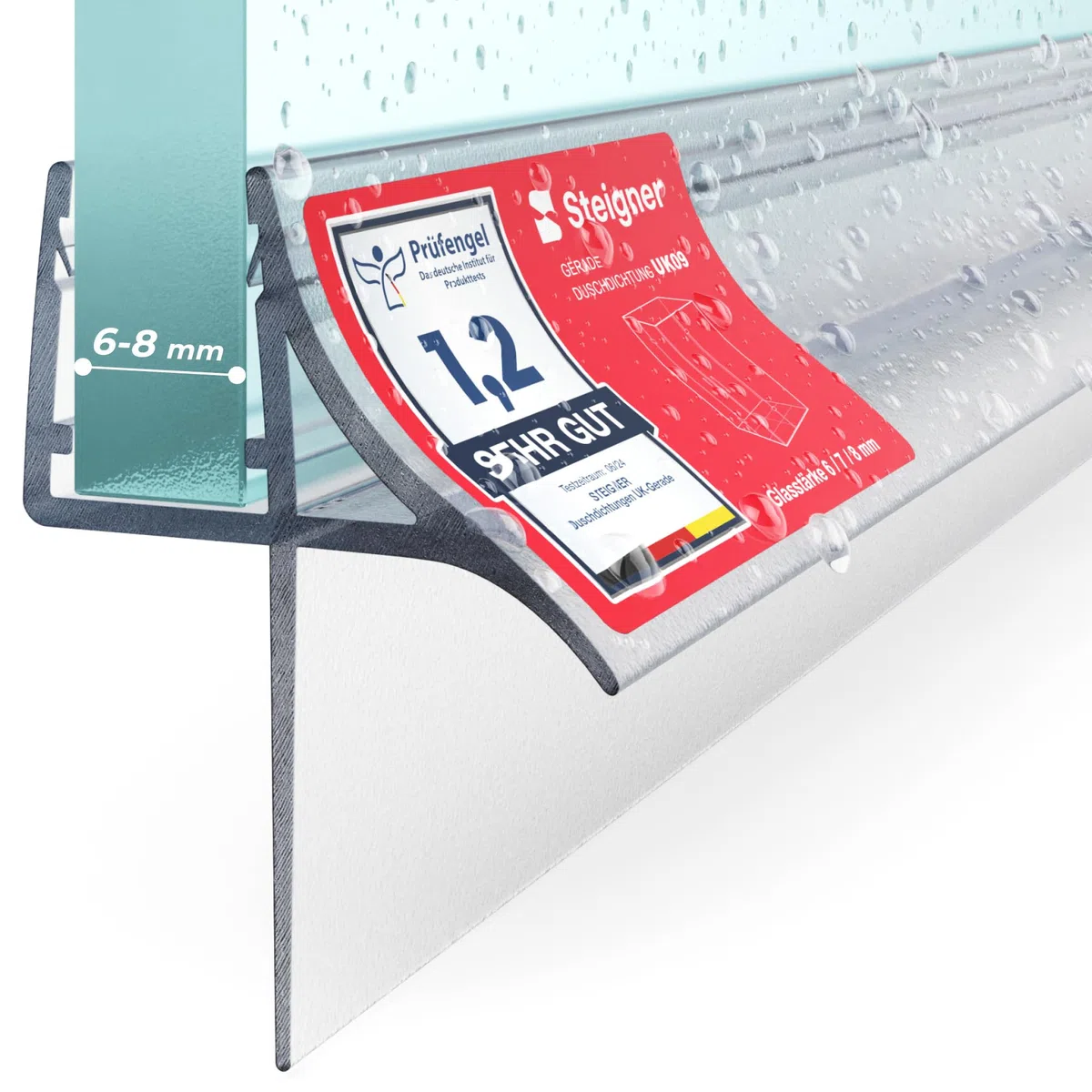 STEIGNER Junta mampara ducha 90cm UK09 (1 ud.) transparente - Junta vertical para ducha angular, en nicho o pentagonal con puerta 6-8 mm - Protección contra fugas, Ajuste perfecto, Material duradero