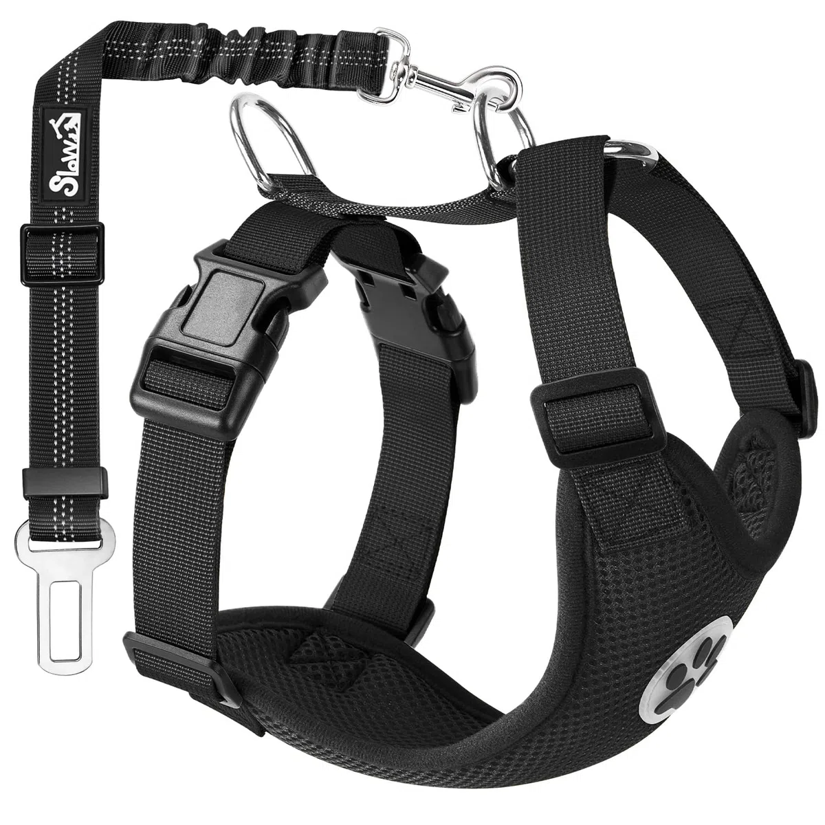 SlowTon Arnés de Coche para Perro con Correa de Conector, multifunción, Ajustable, Doble Tejido de Malla Transpirable, arnés de Chaleco de Viaje con cinturón de Seguridad Negro XXS