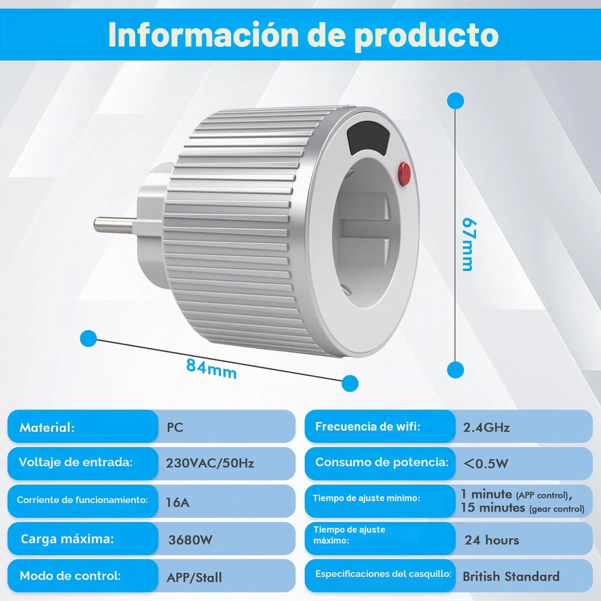 Temporizador Enchufe Inteligente WiFi Tuya Control Cuenta atrás Temporizador AC230V 16A 3680W Pantalla LED 15 min intervalo 24 Horas Enchufe programable WIFI02