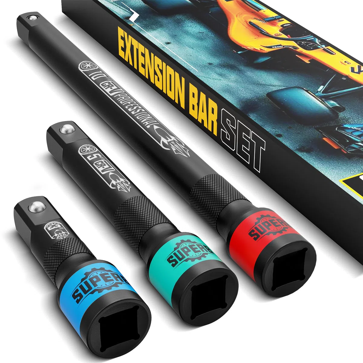 Juego de 3 Barras de Extensión 1/2", Extension Carraca 75 mm 125 mm 250 mm, CR-V Alargaderas de Vaso para Mantenimiento de Coches