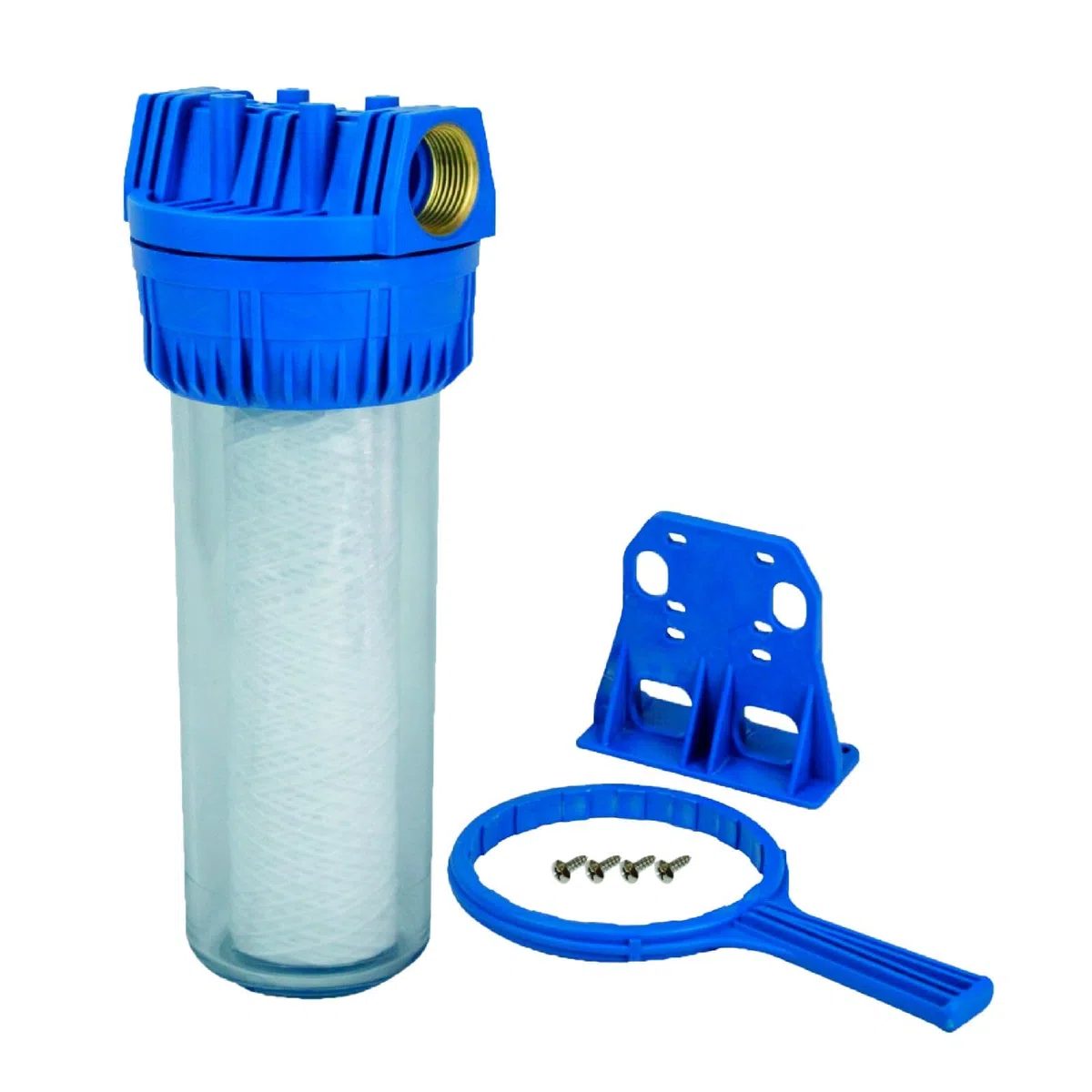 FLUVIA Set Portacartuchos 10” con Conexión 1” – Filtro de Agua con Cartucho 25 Micras, Válvula de Purga, Llave, Soporte y Tornillos – Presión hasta 6 Bares – Material PET