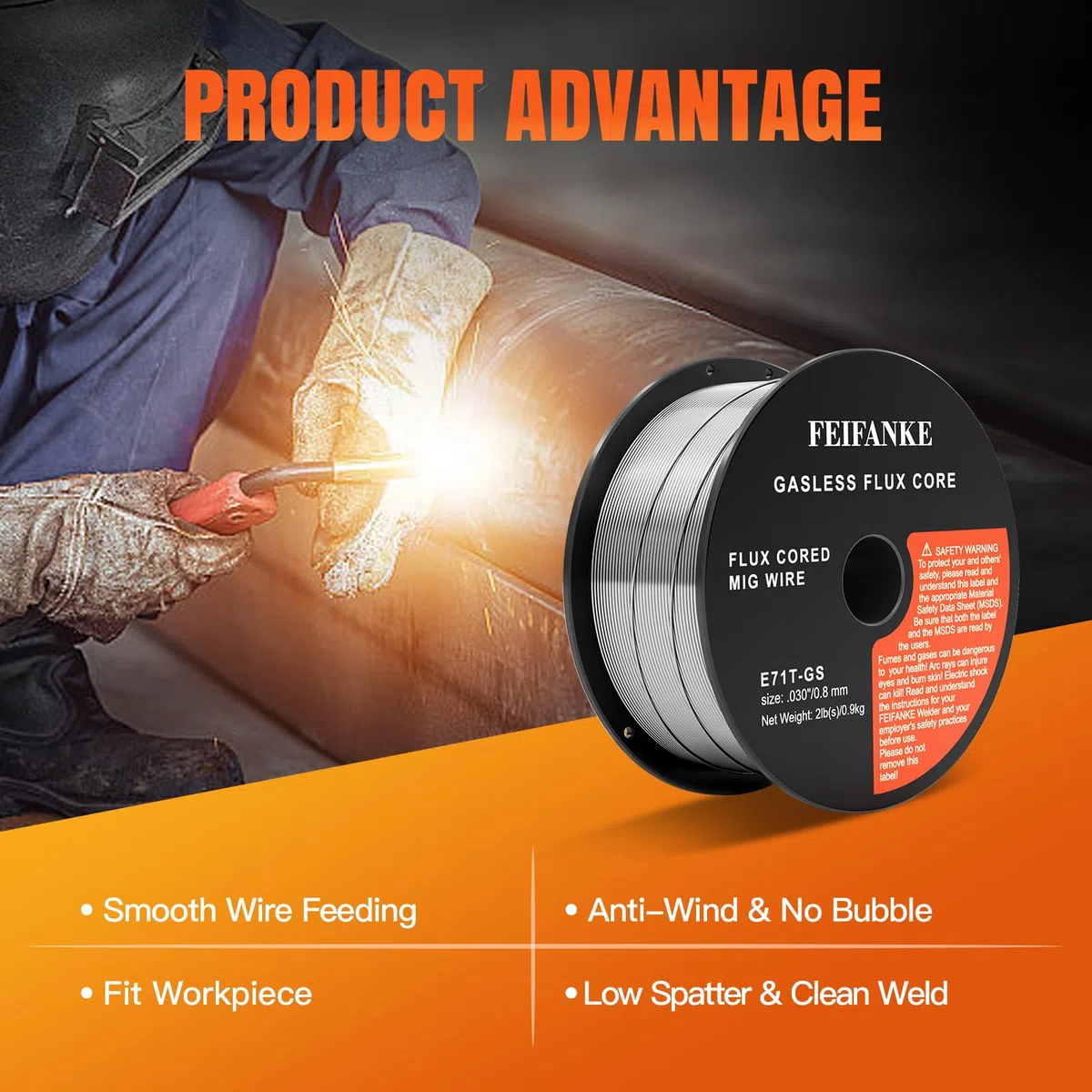 FEIFANKE Hilo Para Soldar Sin Gas 0,8 mm 1KG Hilo Flux E71T-GS Hilo Soldadura Máquina de Soldar, Rollo de Alambre D100 1 Pieza