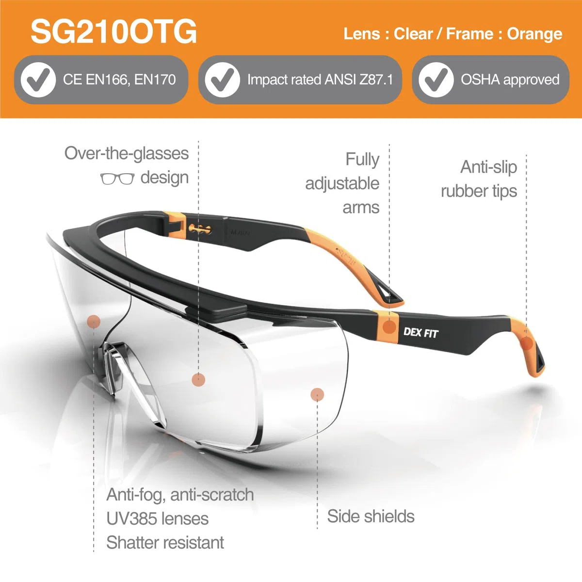 DEX FIT SG210 OTG Gafas de protección superpuestas, protección de ojos Z87, resistentes a los arañazos y antivaho, ajustables para mujeres y hombres, protección UV