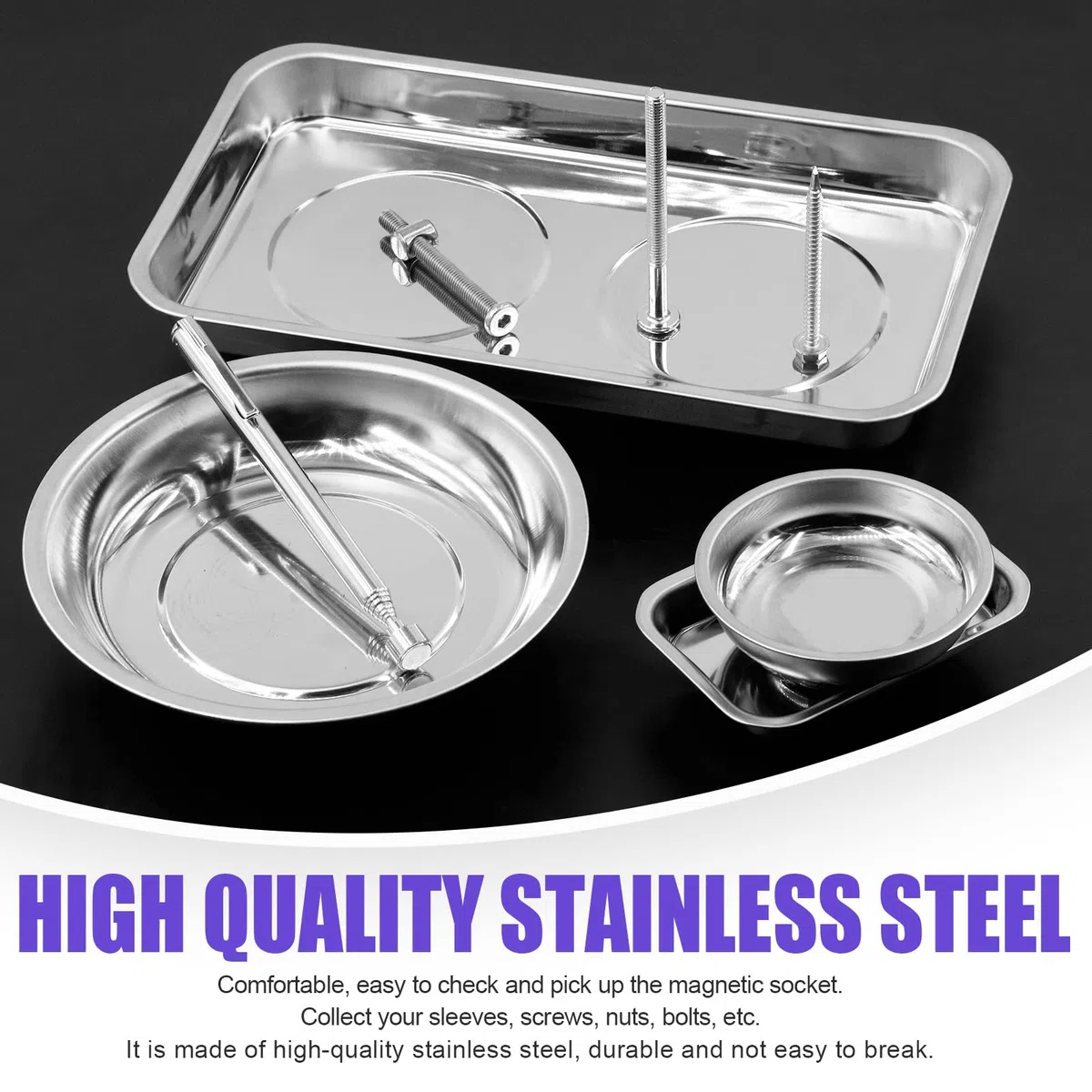 Swpeet 5 bandejas magnéticas redondas y cuadradas de acero inoxidable de 2 formas con kit surtido de herramientas de recogida magnética de 3 libras, soporte de bandeja magnética redonda para piezas,