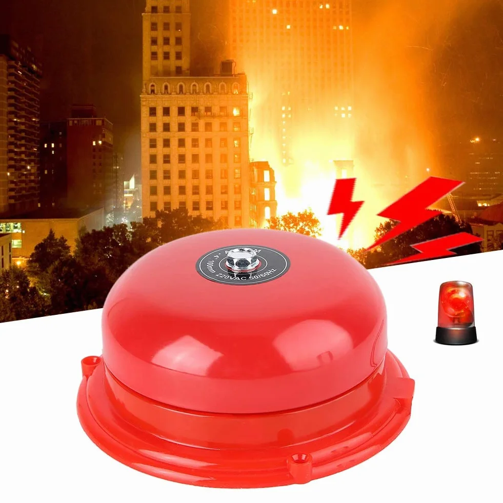 Timbre Eléctrico de Alarma contra Incendios, 4 Pulgadas, Metal, 100db, 220V, Rojo, Montaje en Pared o Techo