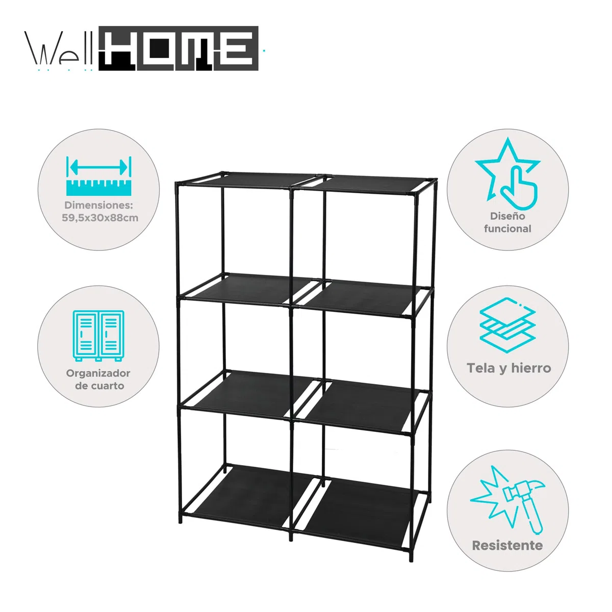 Well Home Estantería Modular de 6 Compartimentos Organizador de Tela y Hierro Tamaño: 59,5x30x88cm