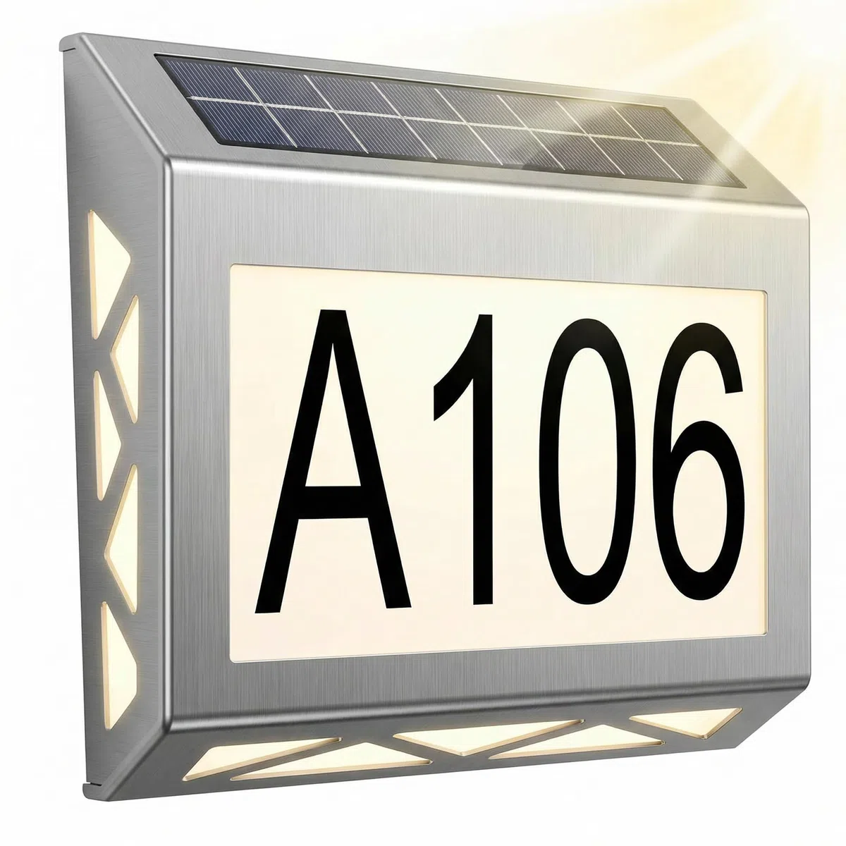 Luz solar para número de casa, número de casa iluminado con 8 LEDs, número de casa iluminado con luz LED de acero inoxidable IPX5, detección automática de día y noche, 10 lúmenes