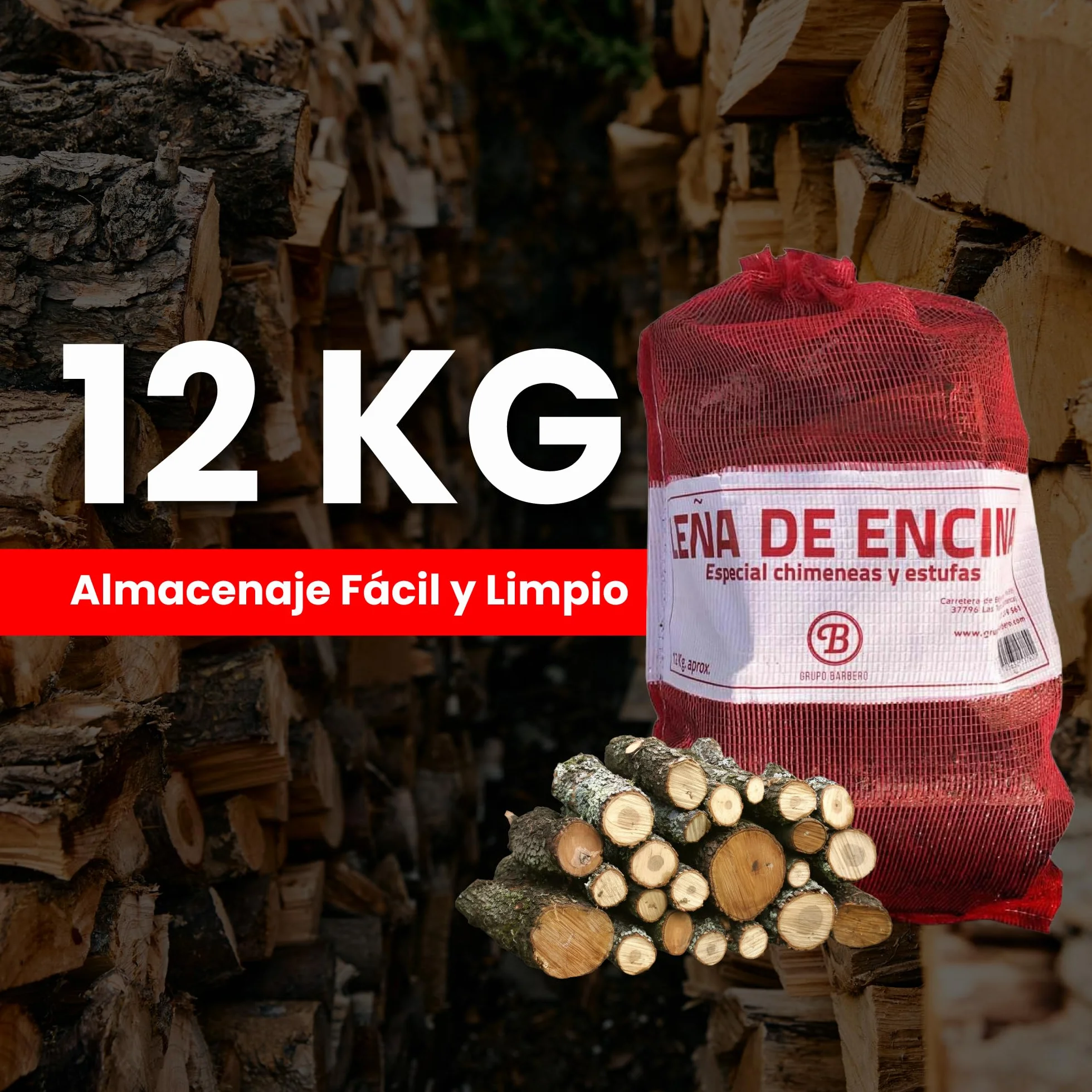 Leña Encina Saco 12kg Madera Dura Secada Horno Alto Rendimiento Calor Intenso Llama Duradera Ideal Chimenea Estufa Barbacoa Interior Exterior Combustión Lenta Baja Humedad Ecológica Limpia