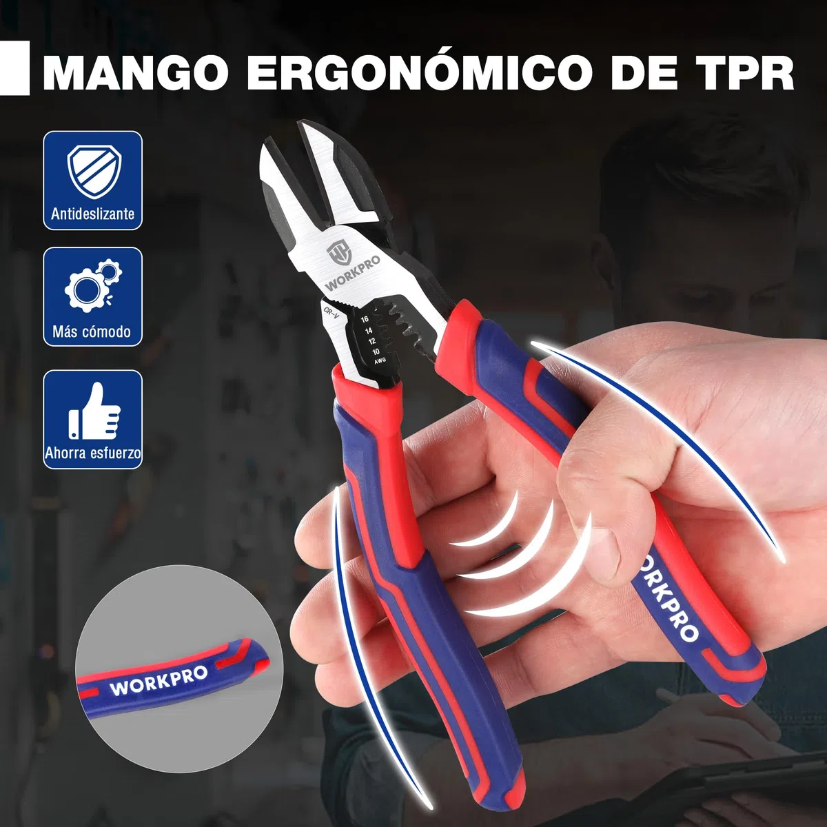 WORKPRO Alicates de Corte Diagonal, Cortadora Diagonal Professional 2 en 1, Pelacables, Cortador de Alambre, Acero Cromo Vanadio, con Mango Antideslizante (longitud 196 mm)