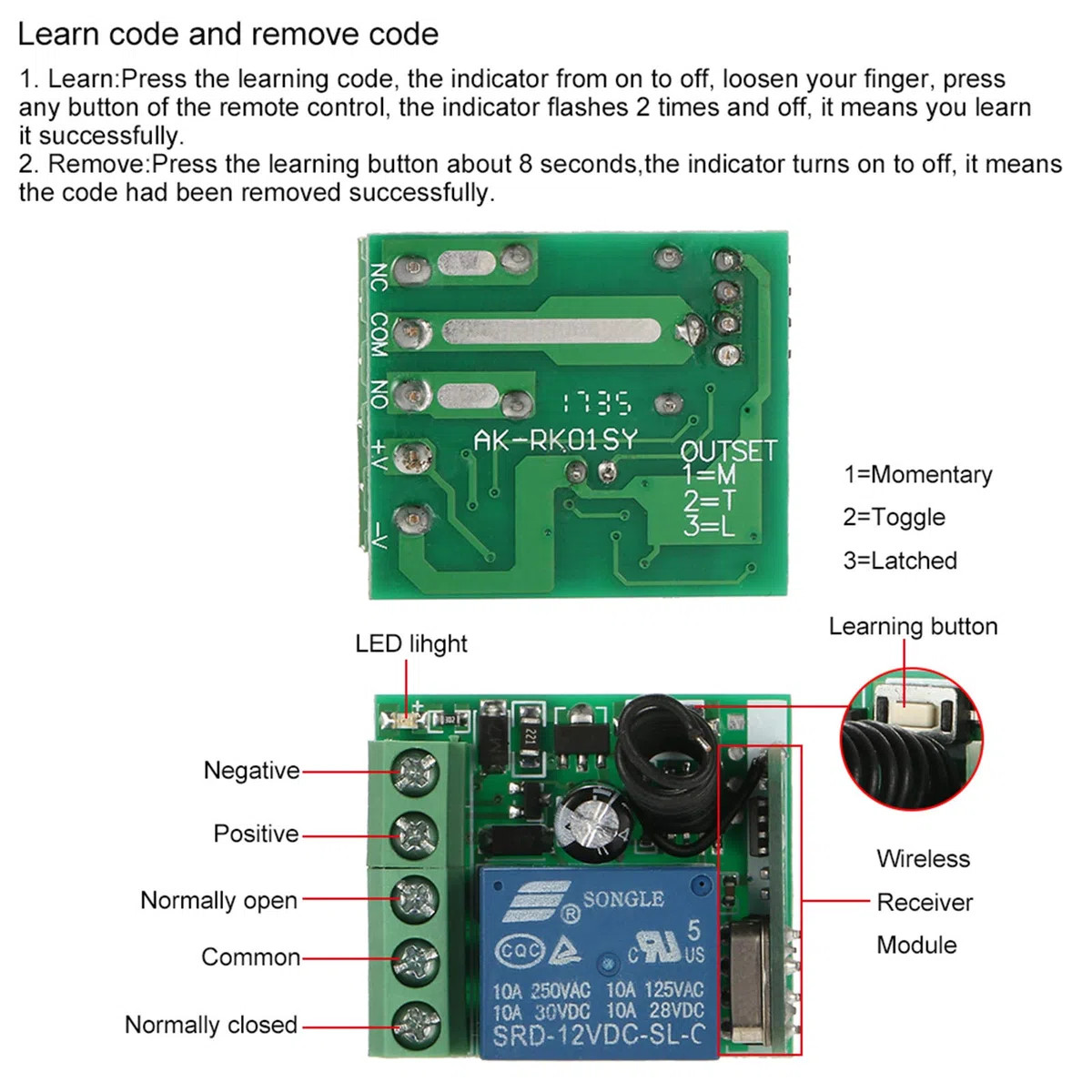 Transmisor y receptor de 433 MHz, Smart Home 12 V 1 CH interruptor remoto inalámbrico relé universal módulos de interruptor de control remoto y transmisor RF controles remotos