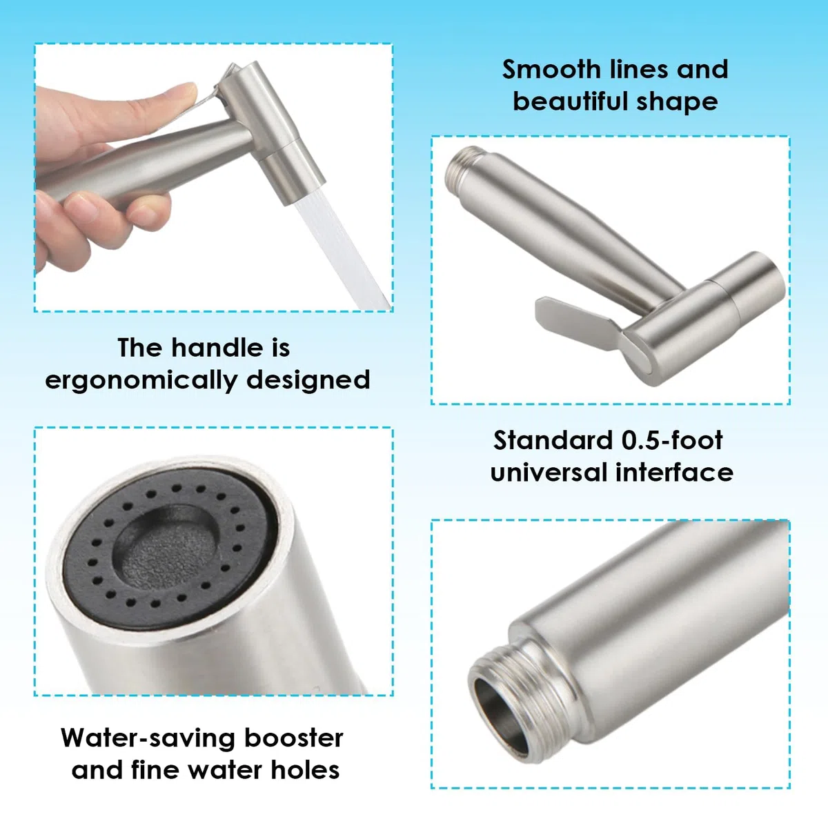 Ducha para bidé con convertidor 1/2" a 3/8" y manguera 1,5m, Duchita para bidé, Limpiador para WC – Bidet portátil en acero inoxidable, ducha para lavabo, bidé para WC