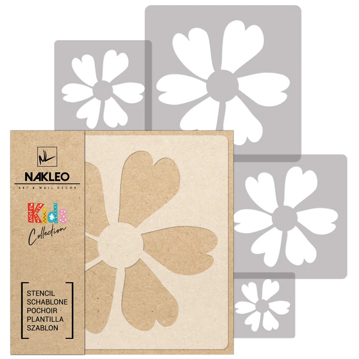 NAKLEO Plantillas para Pintar para Habitación Niños, 5 Stencil 9x9 a 34x34cm Flores Planta, Patrón Plástico y Reutilizable para Dibujar, DIY Arte Decoración, Pared Madera Muebles Tejido