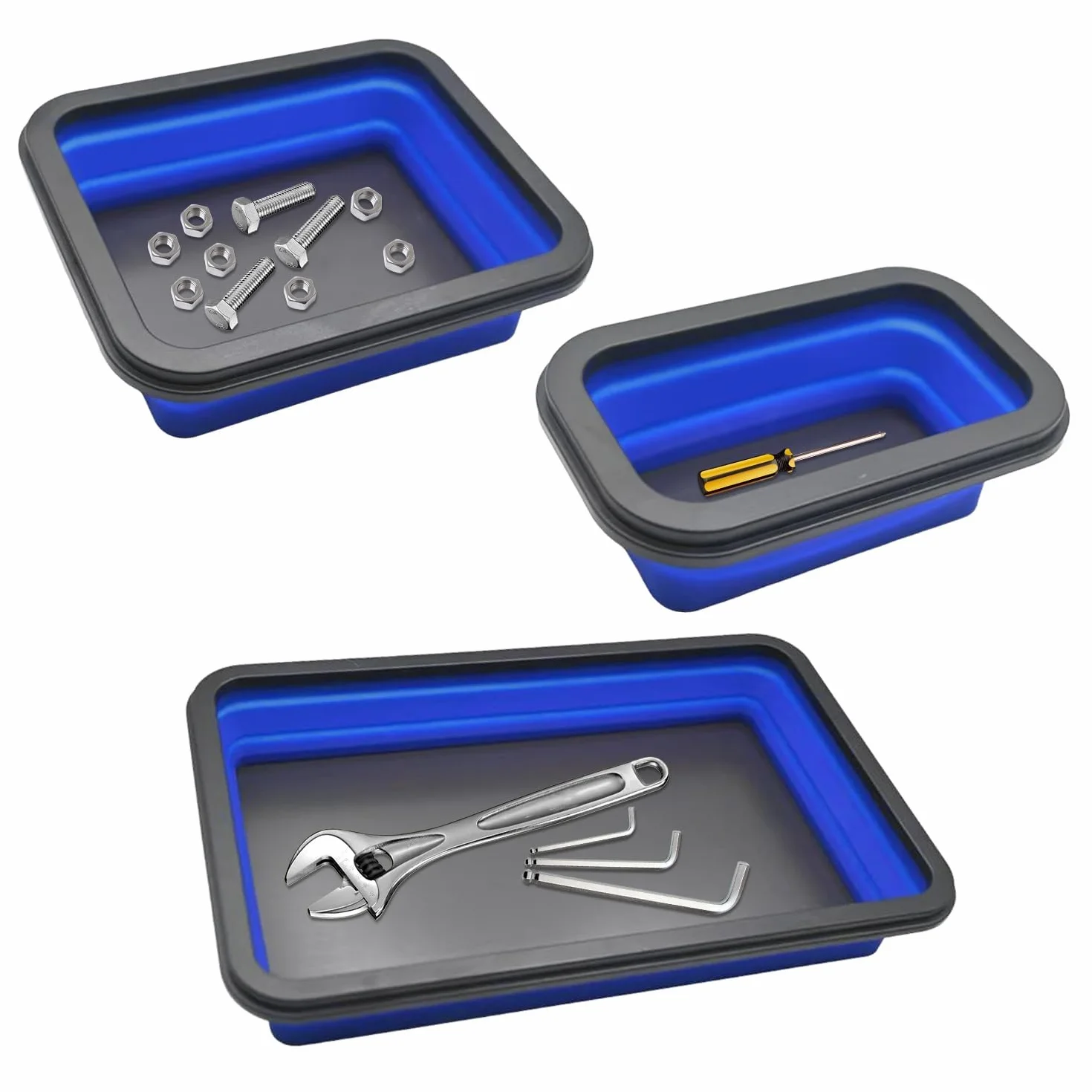 3 Piezas Bandeja Magnética de Silicona, de Fijación Magnética, Organizador de Tornillos y Herramientas Taller Mecánico, Plegable con Fuerte Imán, Hecha para Tornillos, Tuercas y Piezas Pequeñas, Azul