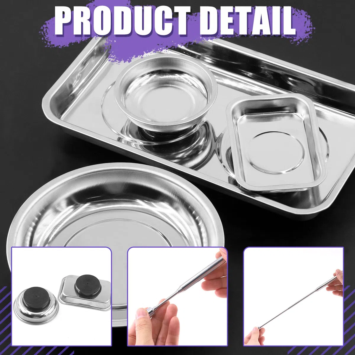 Swpeet 5 bandejas magnéticas redondas y cuadradas de acero inoxidable de 2 formas con kit surtido de herramientas de recogida magnética de 3 libras, soporte de bandeja magnética redonda para piezas,
