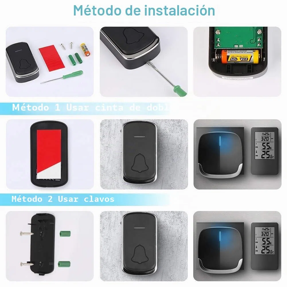 Timbre Inalámbrico para Puerta - 300m Timbre Inalámbrico Exterior Impermeable con Indicador LED, 58 Melodías, 4 Volumen Ajustable para Puerta Casa Oficina Hotel Casa y Más