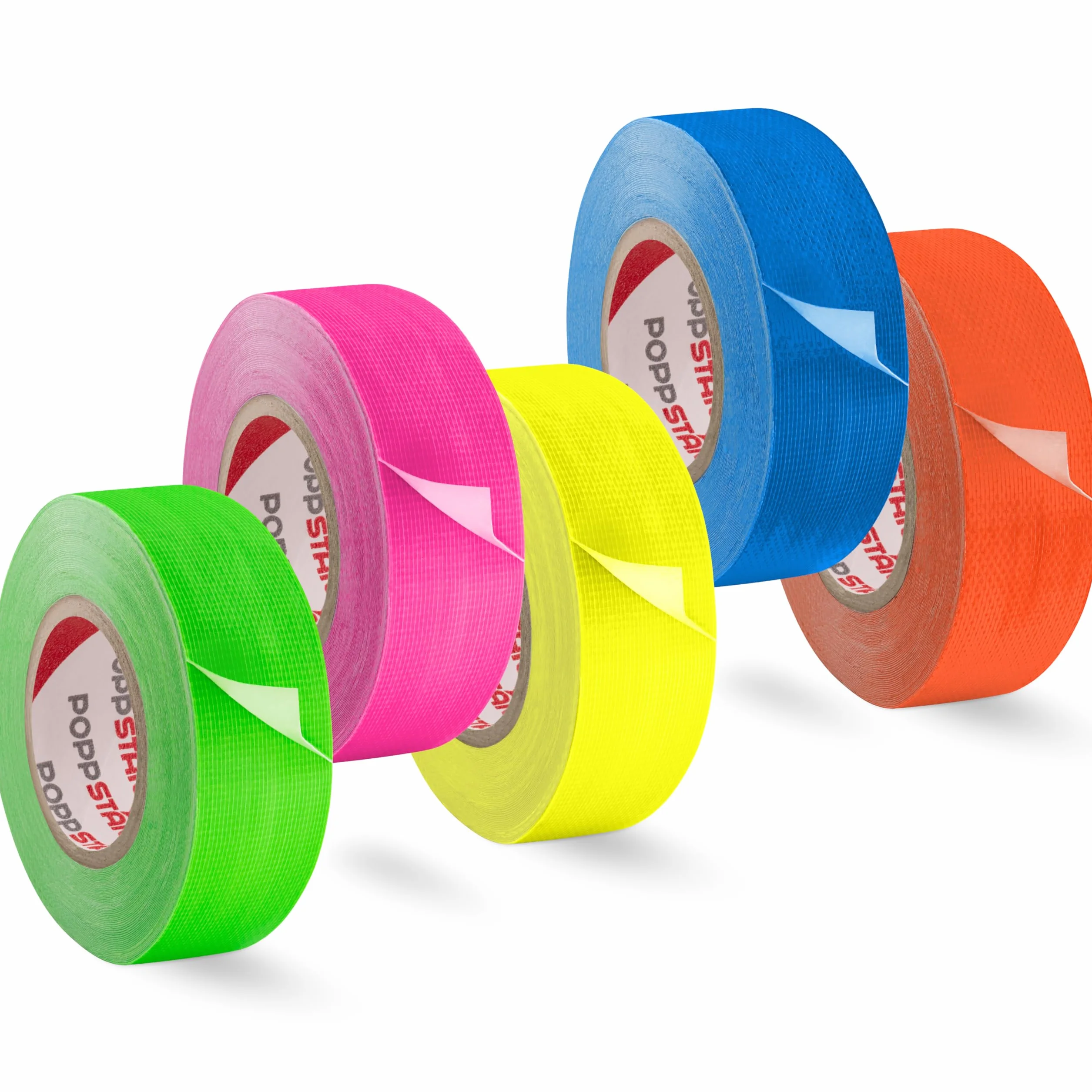 POPPSTAR 5x Cinta adhesiva fluorescente 25mm x 10m, cinta adhesiva de tejido fluorescente, amarillo, verde, rojo, azul, rosa