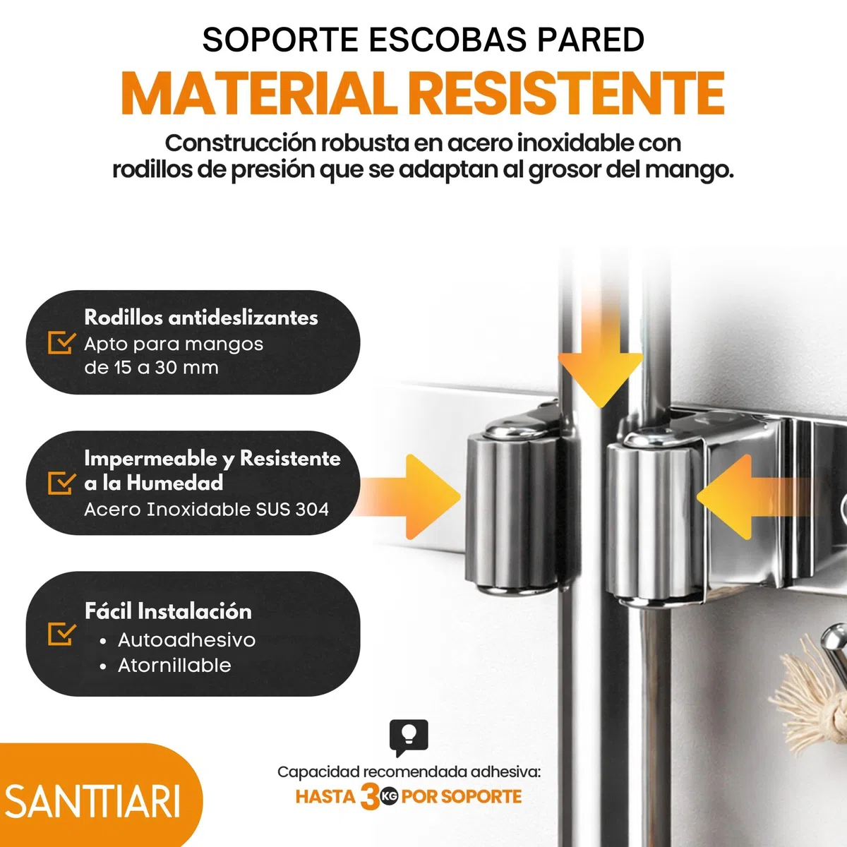 Pack Colgador Escobas y Fregonas + 1 Soporte Escobas Pared Adhesivo+ 4 Ganchos Multiusos | Acero Inoxidable Apto Exterior | Con/sin Taladro (Incluye Adhesivo y Tornillería) | Hasta 15kg