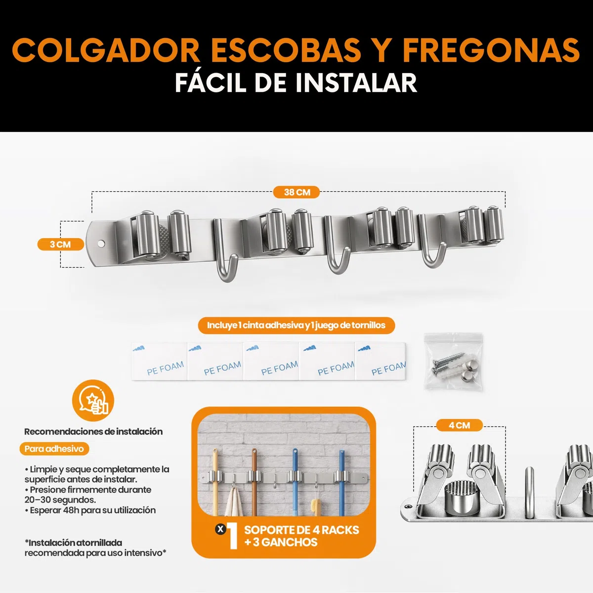 Pack Colgador Escobas y Fregonas + 1 Soporte Escobas Pared Adhesivo+ 4 Ganchos Multiusos | Acero Inoxidable Apto Exterior | Con/sin Taladro (Incluye Adhesivo y Tornillería) | Hasta 15kg