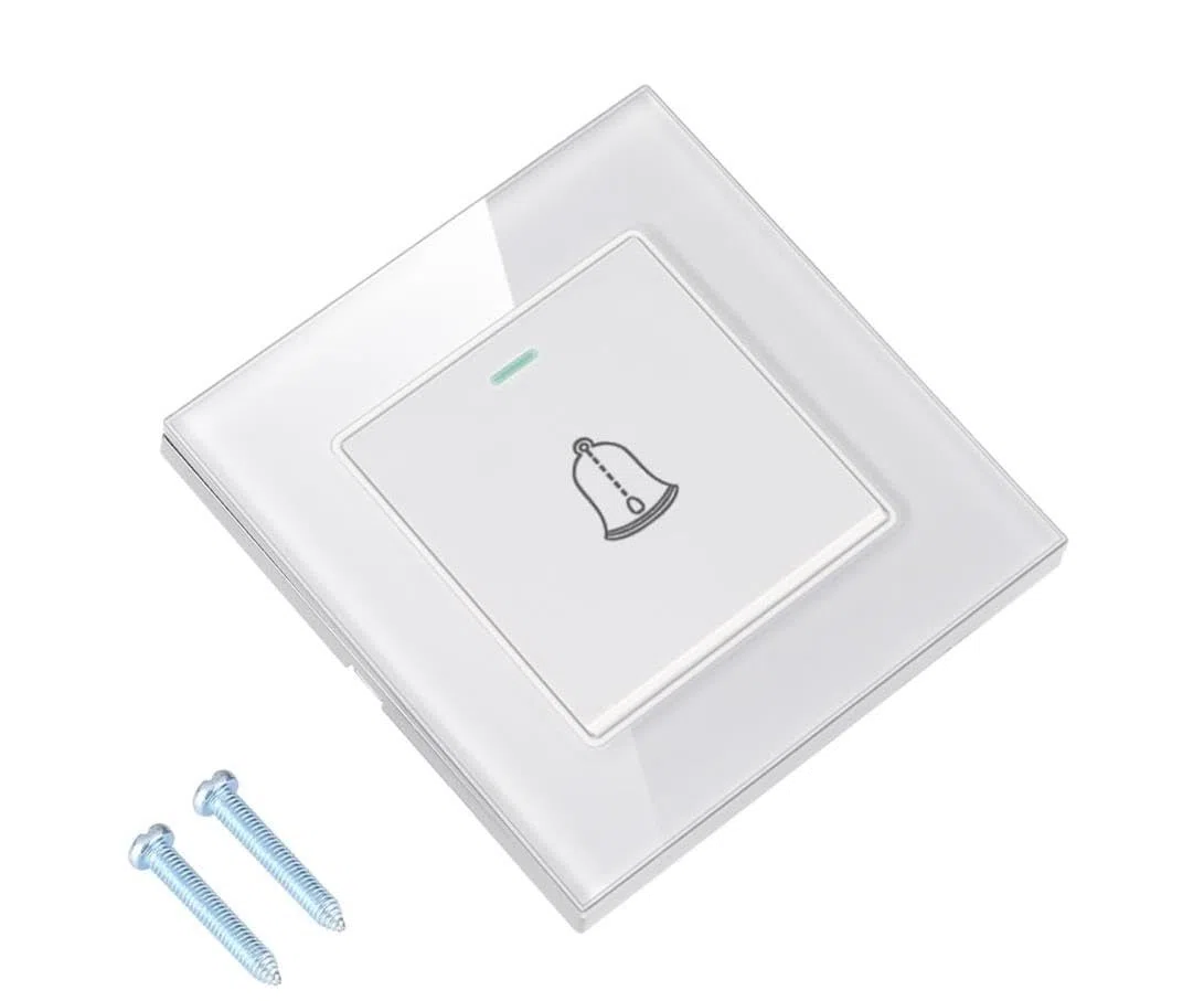BigKing Timbre para Puertas de Vidrio Templado y Plástico Premium - Diseño Minimalista, Botón Externo de Timbre para Casa, Fácil de Instalar 86mm para Casa, Hotel (Blanco)
