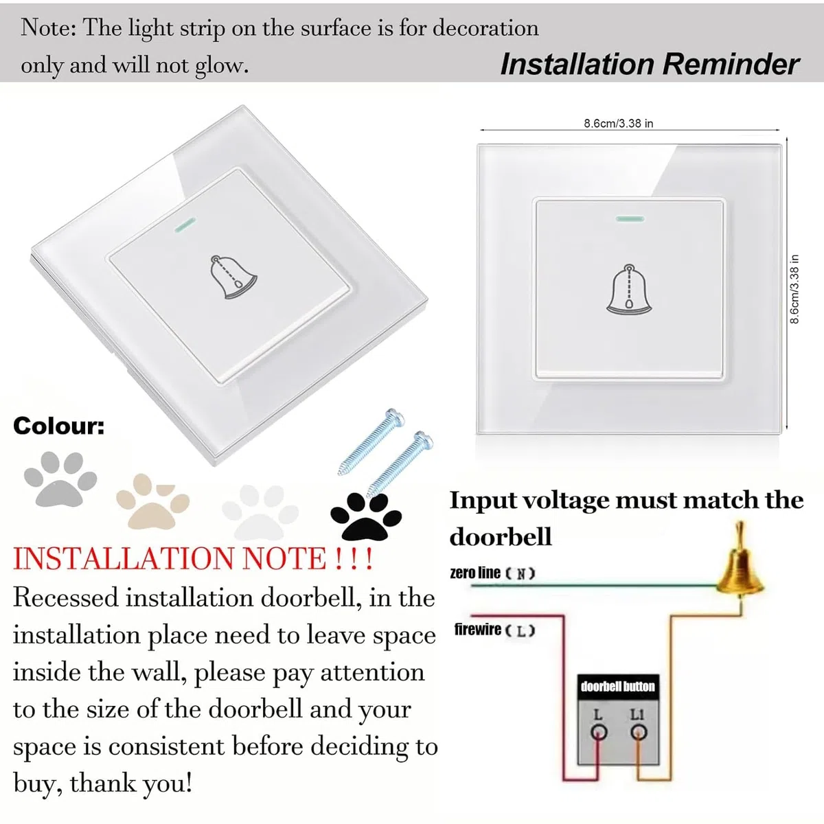 BigKing Timbre para Puertas de Vidrio Templado y Plástico Premium - Diseño Minimalista, Botón Externo de Timbre para Casa, Fácil de Instalar 86mm para Casa, Hotel (Blanco)