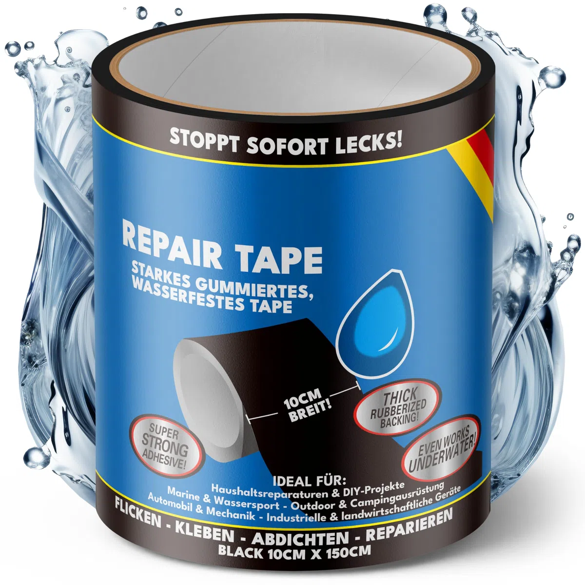 ATG® Kit reparación piscina bajo el agua – cinta adhesiva impermeable negra 10×150 cm, cinta selladora para PVC, liner piscina, agujeros, fugas y grietas sin vaciar