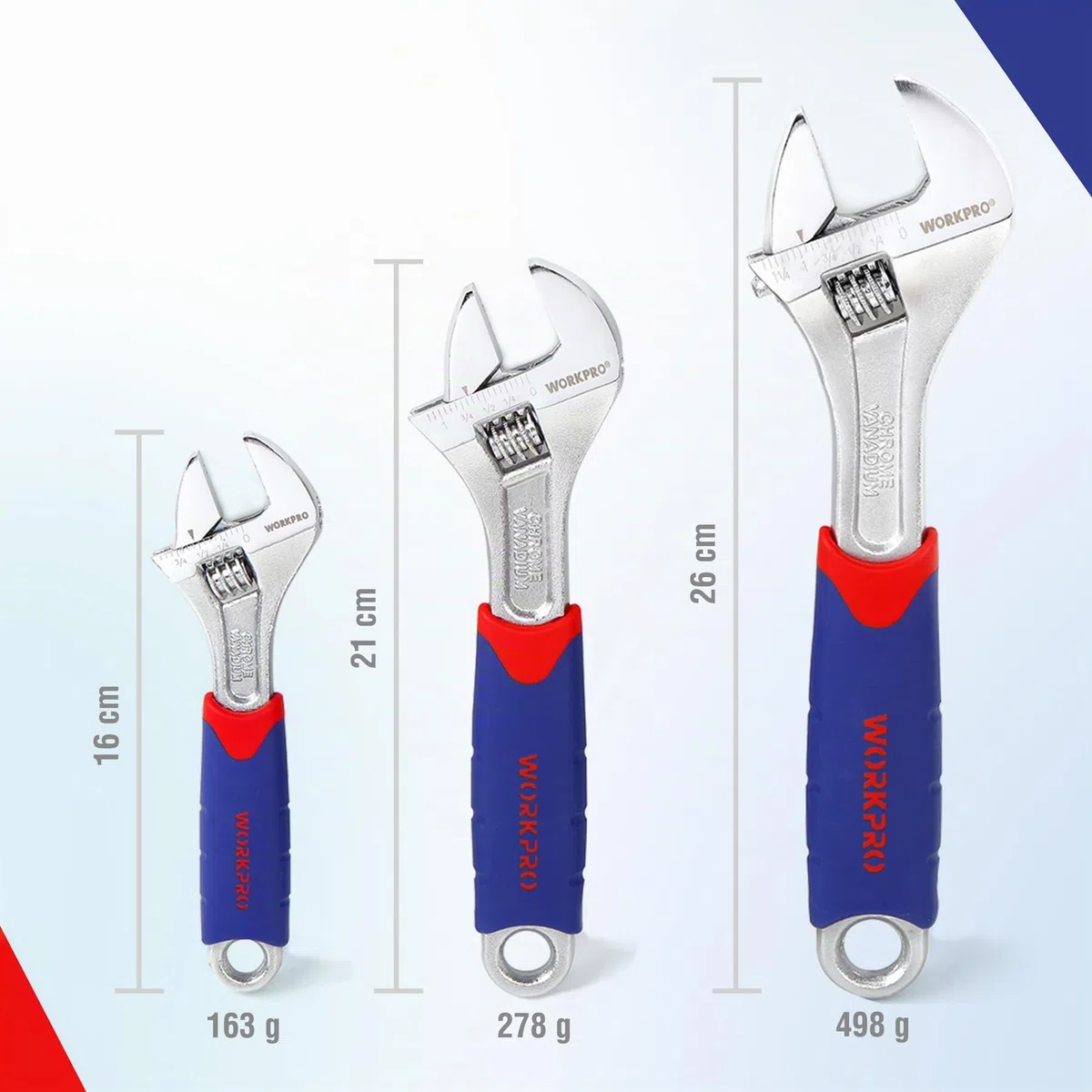 WORKPRO 3Pcs Llave Ajustable(150, 200, 250 mm), Llave Inglesa Acero Cr-V, con Mango Cómodo, Llave inglesa Profesional con Gran Apertura