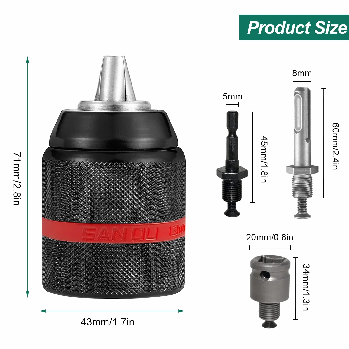 Rápida Portabrocas de Taladro 1,5-13mm, Rosca 1/2'' 20UNF Accesorios Taladro, con SDS Plus, 1/4'' Hex y 1/2'' Llave de Impacto Base, Adaptador de Conversión, para Taladros Eléctricos (1)