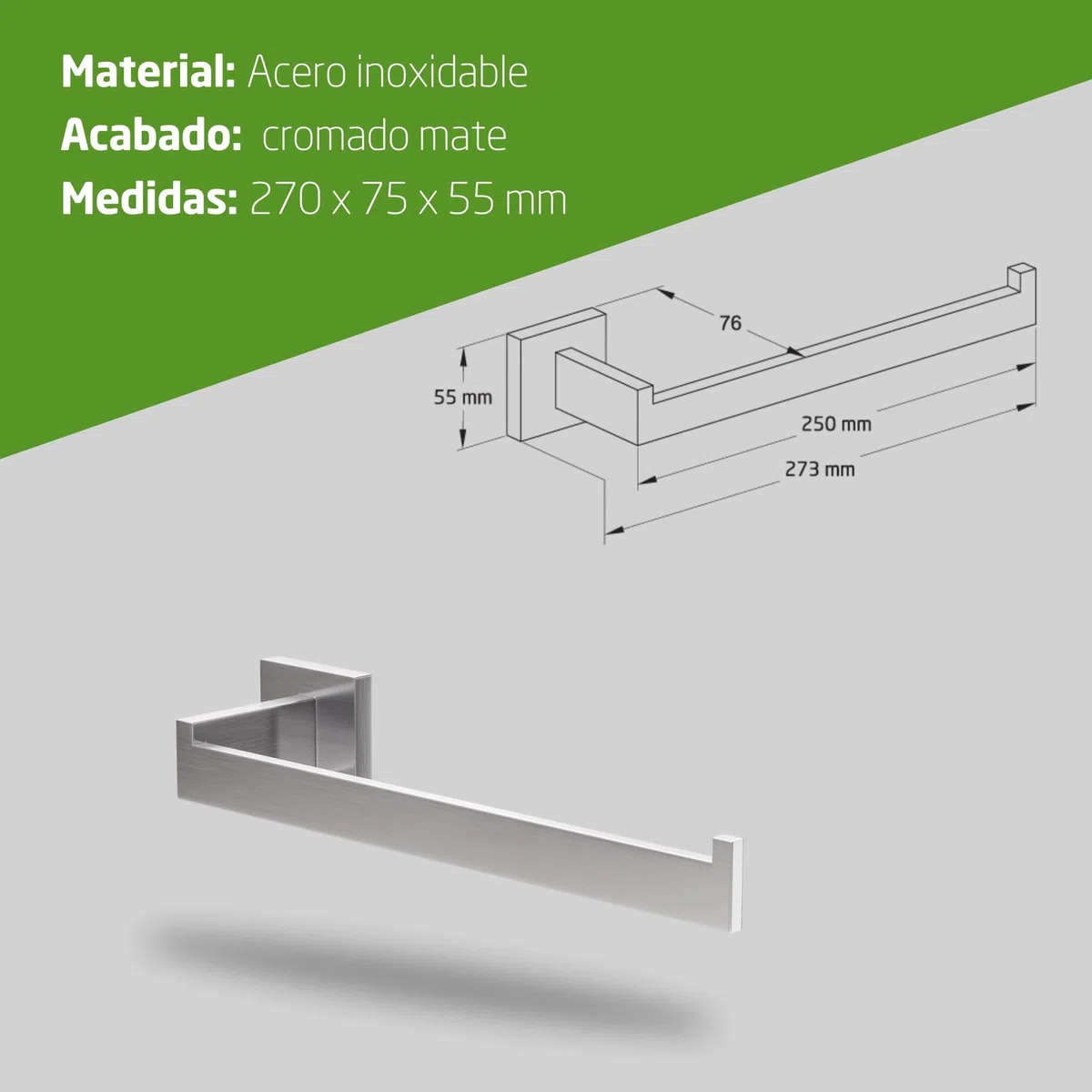 Amig - Toallero de baño Mod. Isla-2 - Soporte de Pared para Toallas con Tornillos incluidos - 270 x 75 x 55 mm - Acero Inoxidable - Plateado Mate