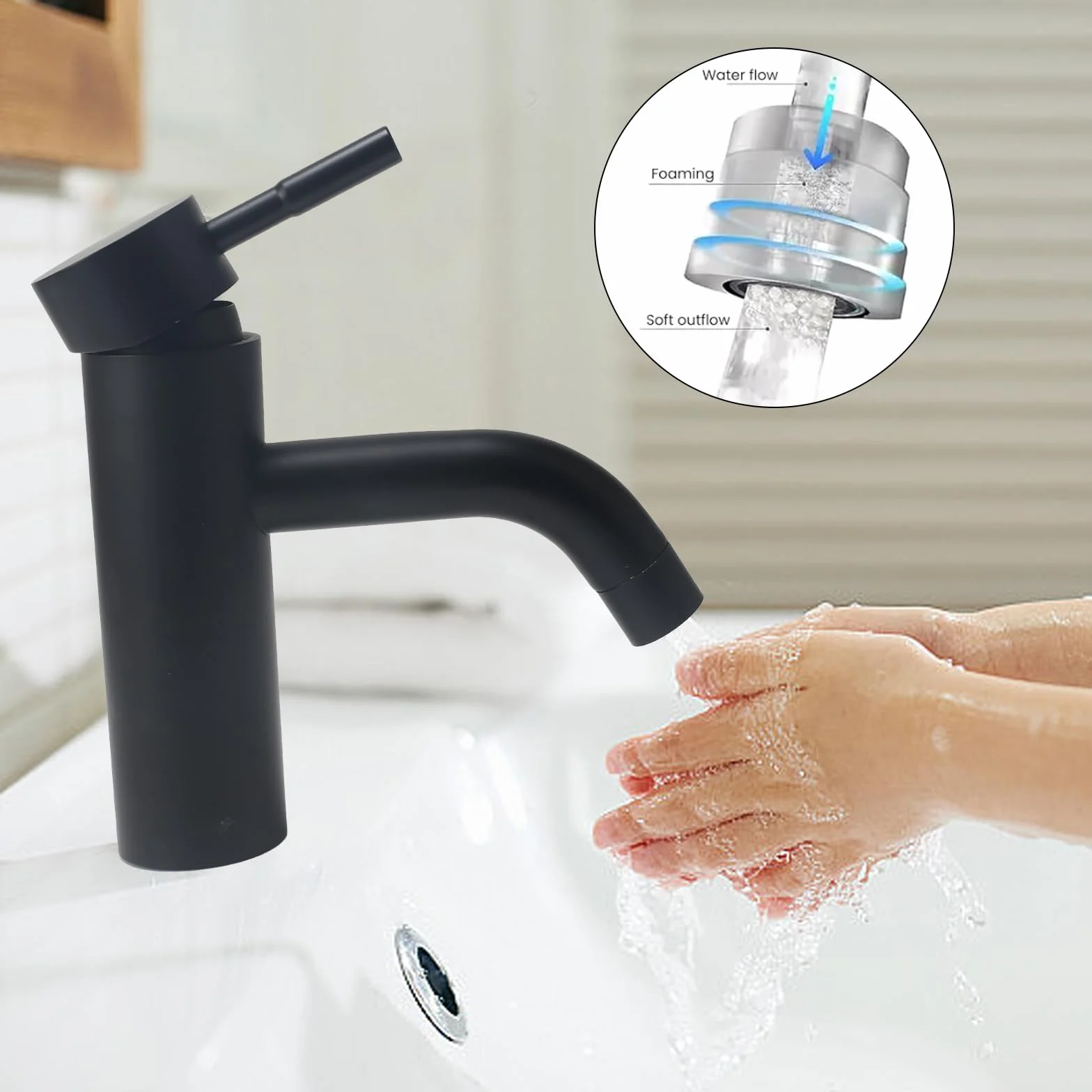 Grifo Lavabo Acero Inoxidable, Grifo Baño con 2 Manguera, Baño Lavabo Núcleo de Válvula de Cerámica, Mezclador Monomando Lavabo para WC de Visitas (Negro)
