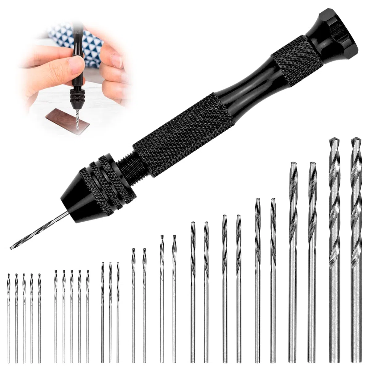 Pin Vise Hobby Drill,Taladro Manual, 27 Brocas Helicoidales (0,5-3,0 mm), Juego de Brocas Manuales para Madera