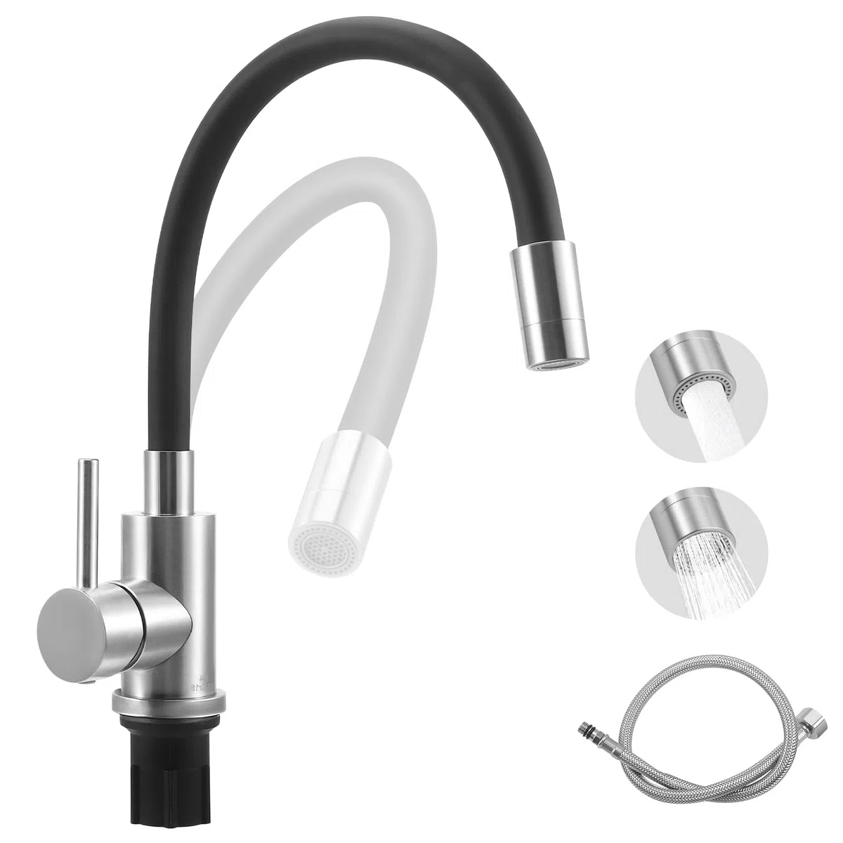 Grifo de Cocina Flexible Negro con 2 Chorros de Agua, Mezclador Giratorio de 360°, Manguera de Silicona, Acero Inoxidable, Alta Presión