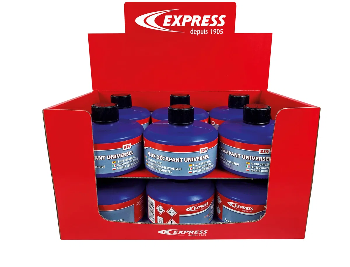 EXPRESS, 839, Removedor Universal para Soldadura de Cubierta, Todos los Metales (excepto Alu y aleaciones de aluminio), Sin ácidos, Muy Potente, Textura gelificada transparente, Todos los ámbitos de