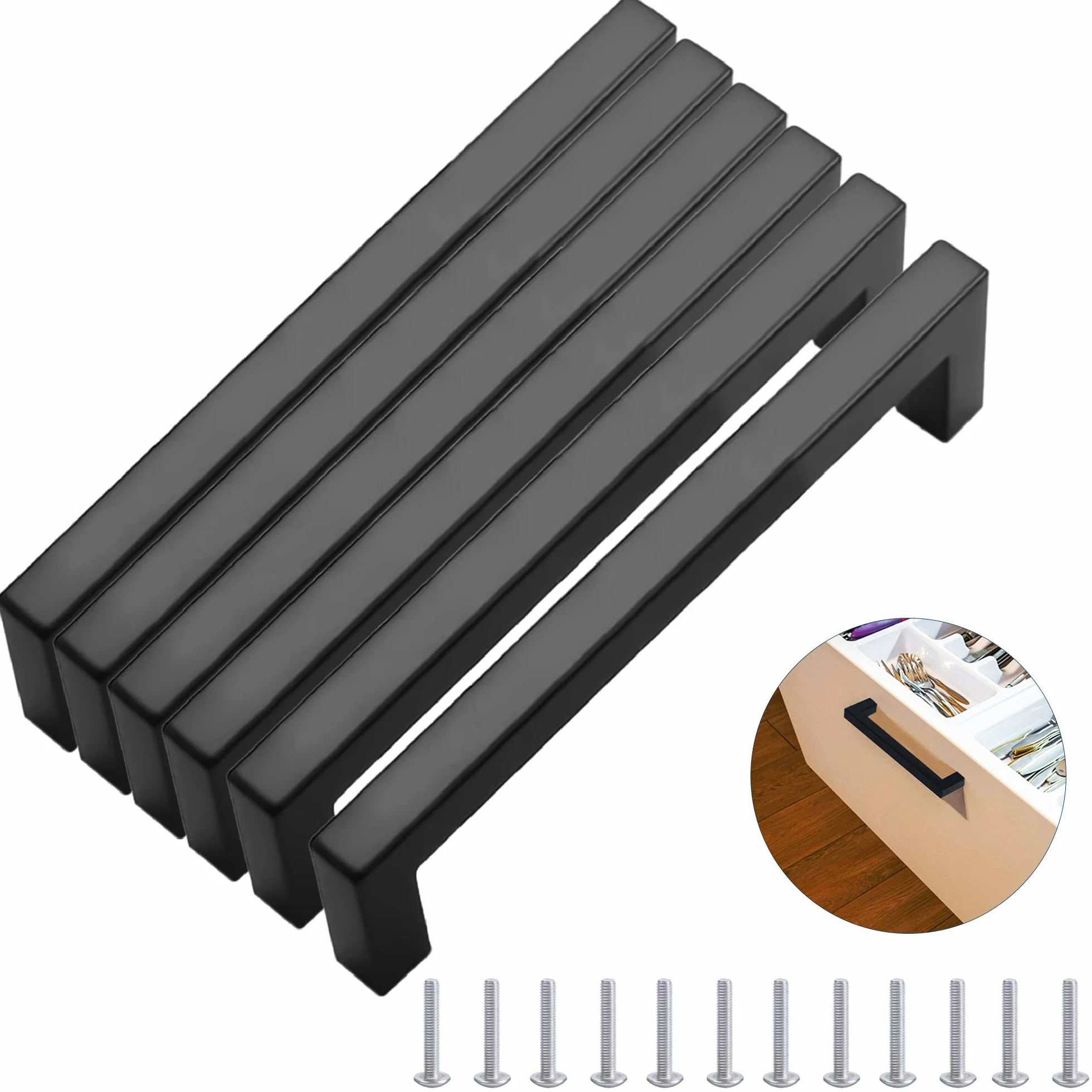 6 Piezas Tiradores Armario Acero Inoxidable Matt Negro, Manijas de Morden Plaza de Muebles, para Cocinas, Oficina, Cajones, Gabinete, Armario Empotrado
