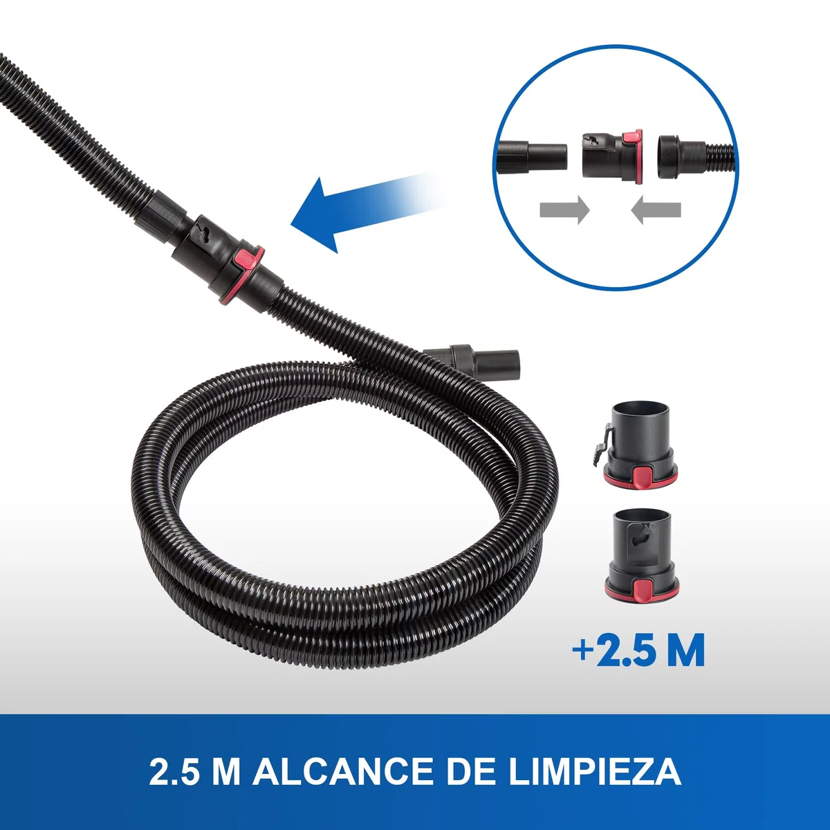 Vacmaster Kit de manguera de aspiración y extensión de 35 mm, 2,5 m, manguera de EVA universal con cierre rápido, cierre a presión y conexión de rosca
