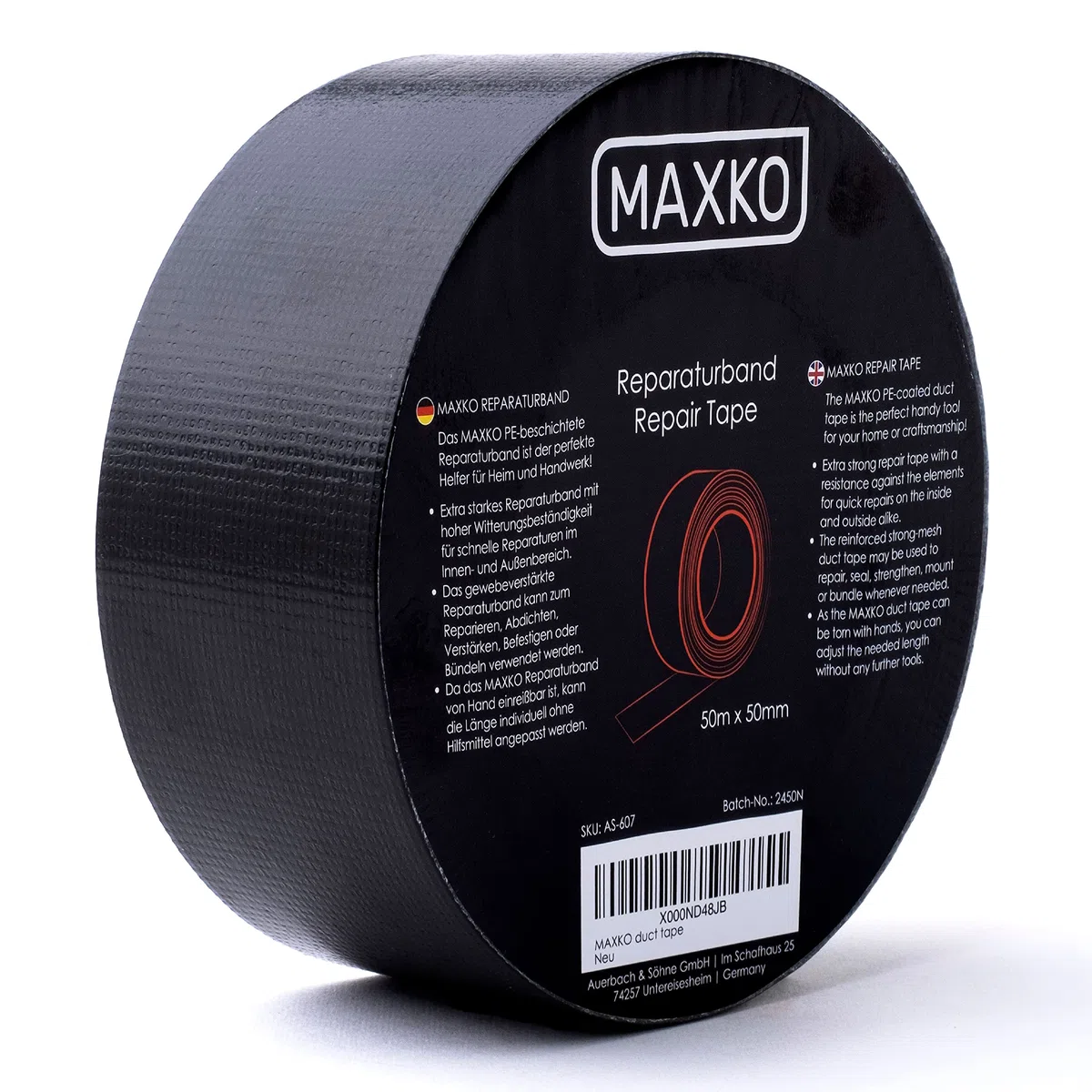 MAXKO - Cinta Americana Universal 50mm x 50 m - Cinta Adhesiva de Color Negro - Cinta Fuerte de Tela Reforzada con Tejido - Para Interiores y Exteriores