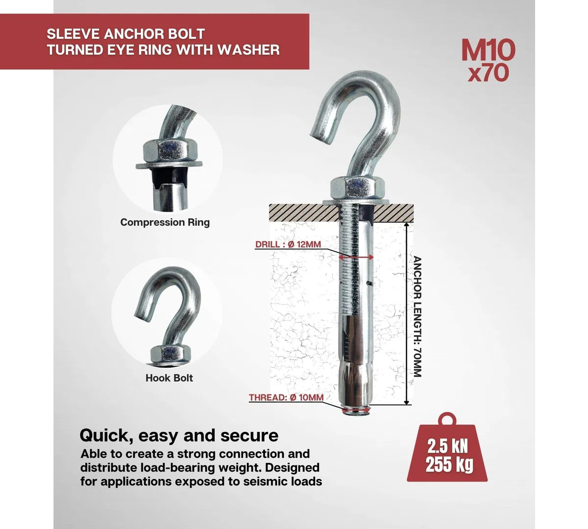 DOJA Industrial | Tacos Anclaje Metalico de Expansion con Gancho | M10x70 | PACK 10 | Tacos hormigon, pared, chapas metalicas | Espiches de pared, Tornillo expansivo, Espirros anclaje, inviolables
