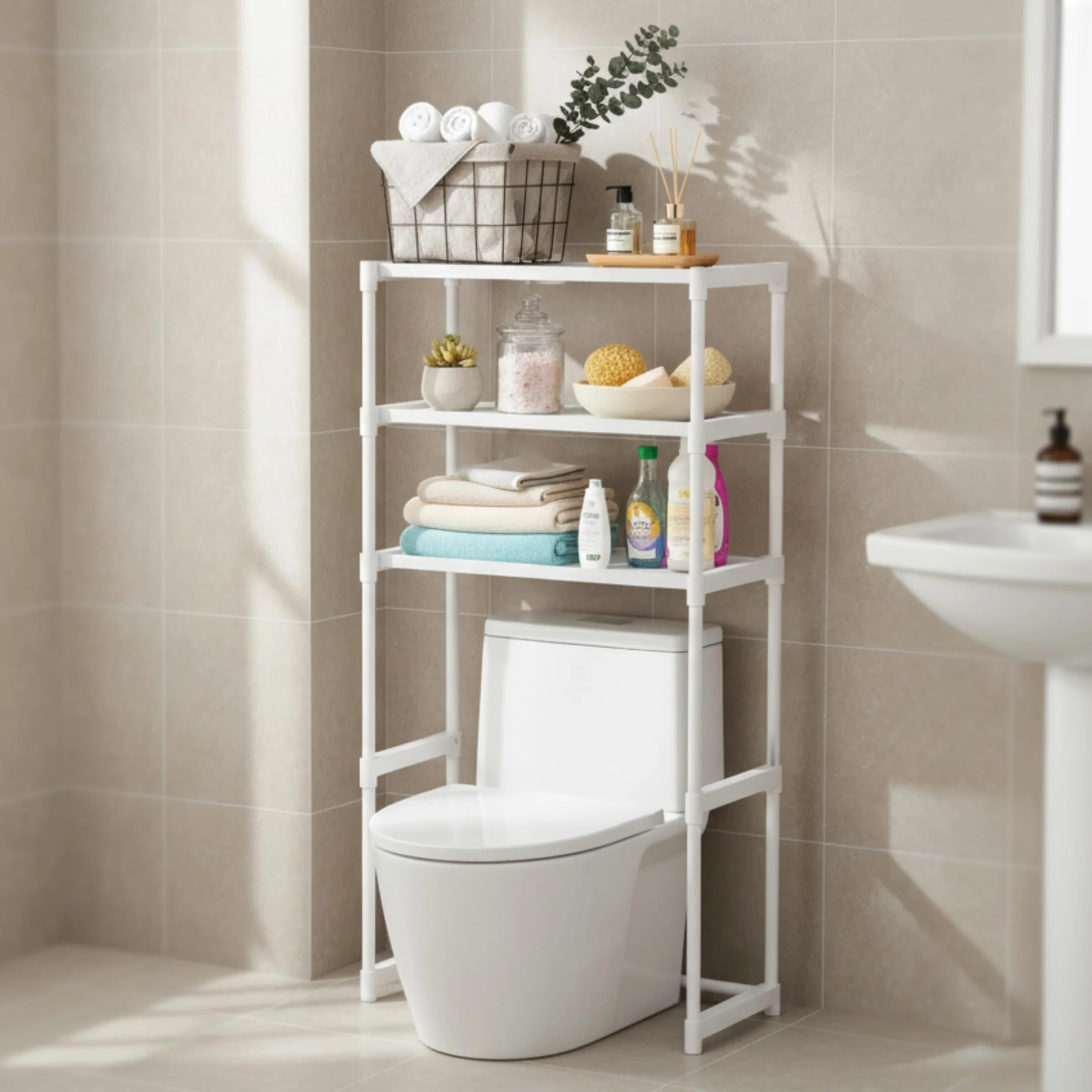 Weida | Estantería Baño-Lavadora | con 2 Baldas de Almacenamiento | Estructura metálica Resistente, diseño Moderno y Compacto para Ahorrar Espacio | Color Blanco (63.5cm-30cm-132cm)