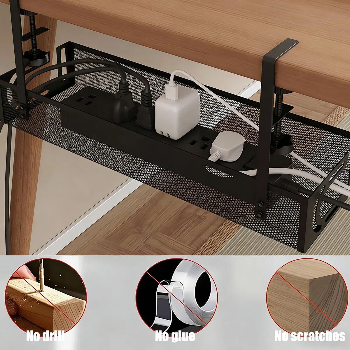 Bandeja Cables Escritorio, No Requiere Perforación, Bandeja Portacables Bajo la Mesa, con Clips de Montaje, Organizador Cables Escritorio, para Oficina, en Casa(Negro 1,40 * 13 * 7cm)