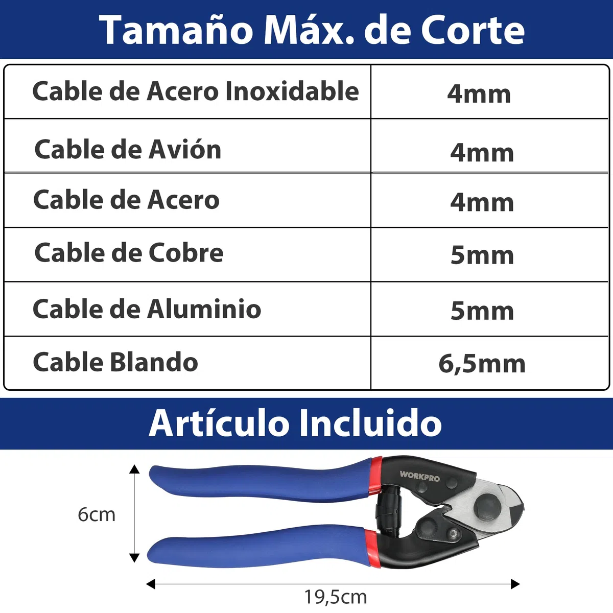 WORKPRO 190 mm Cortador de Cable, Tijeras para Cable de Acero, con Mango Antideslizante, para Cortar Cable de Acero Inoxidable/Aluminio/Cobre