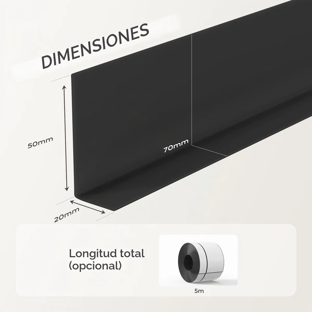 Rodapié Flexible Autoadhesivo, 5 Metros 50x20mm Plegable para Cocina, Baño y Pared, Decorativo, Resistente a Los Rayos UV, Negro