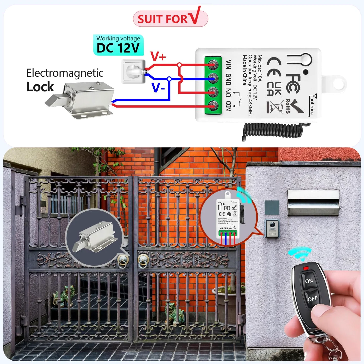 433Mhz Universal DC 12V 1CH Interruptor De Control Remoto Inalámbrico Módulo Receptor De Relé RF Con 1 Transmisore, Controlador De Contacto Seco Pasivo, Para Sistema De Puerta De Garaje