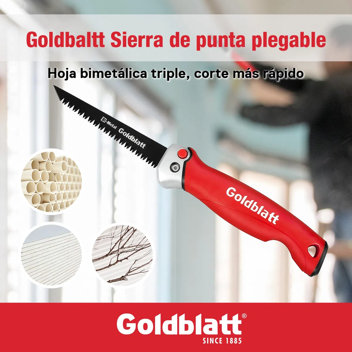 Goldblatt Sierra Plegable 310mm, Serrucho para Cortar Placas de Yeso, Sierra Bimetálica de 8 TPI, 3 Ángulos de Bloqueo, Sierra de Podar con Hoja Curva, Agujero de Colgar