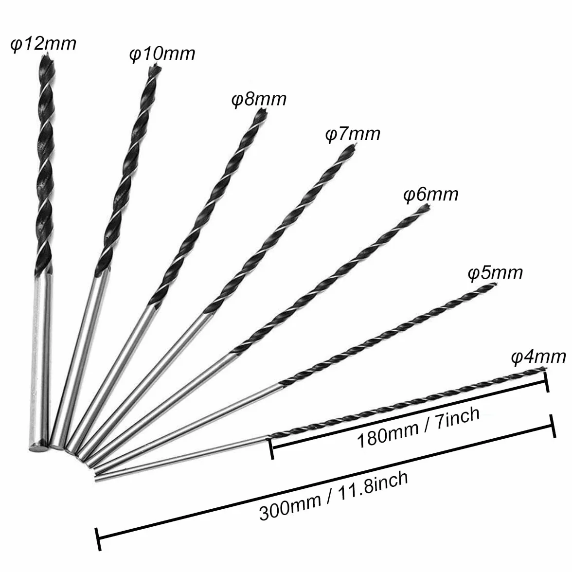 Brocas para Madera 300 mm de Largo, Juego de 7 Piezas, Diámetros 4-12 mm, Acero de Alto Rendimiento, Dureza Espiral, Vástago Recto, Adecuado para Madera Dura y Blanda