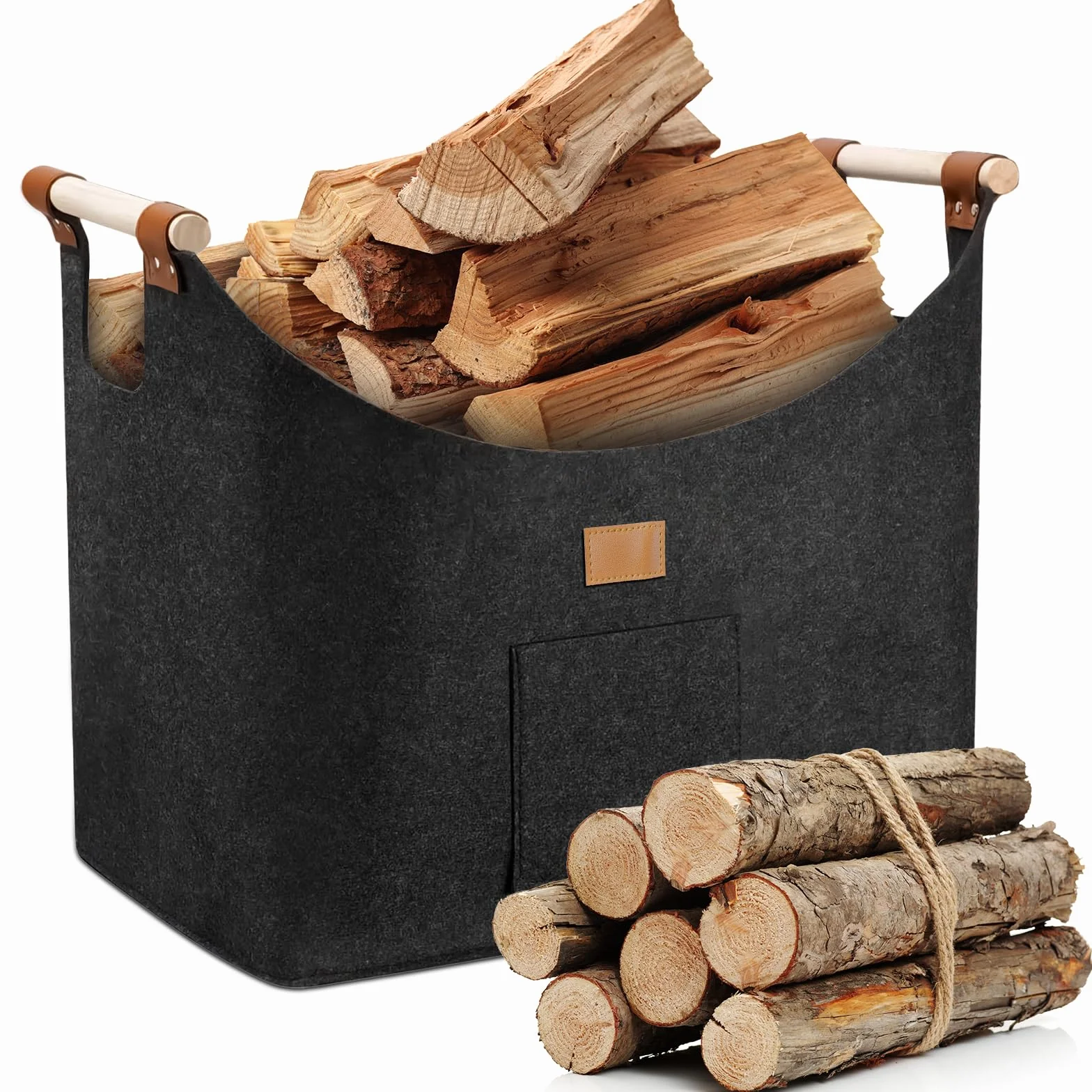 Cesta de Leña, 96L Cesta para Leña de Chimenea, Plegable Bolsa de Fieltro para Leñas, Cesta para Leñas con Asas, 60x40x40 Cestas Leñas, Cestas de Fieltro para Leñas de Chimenea, Gris Oscuro