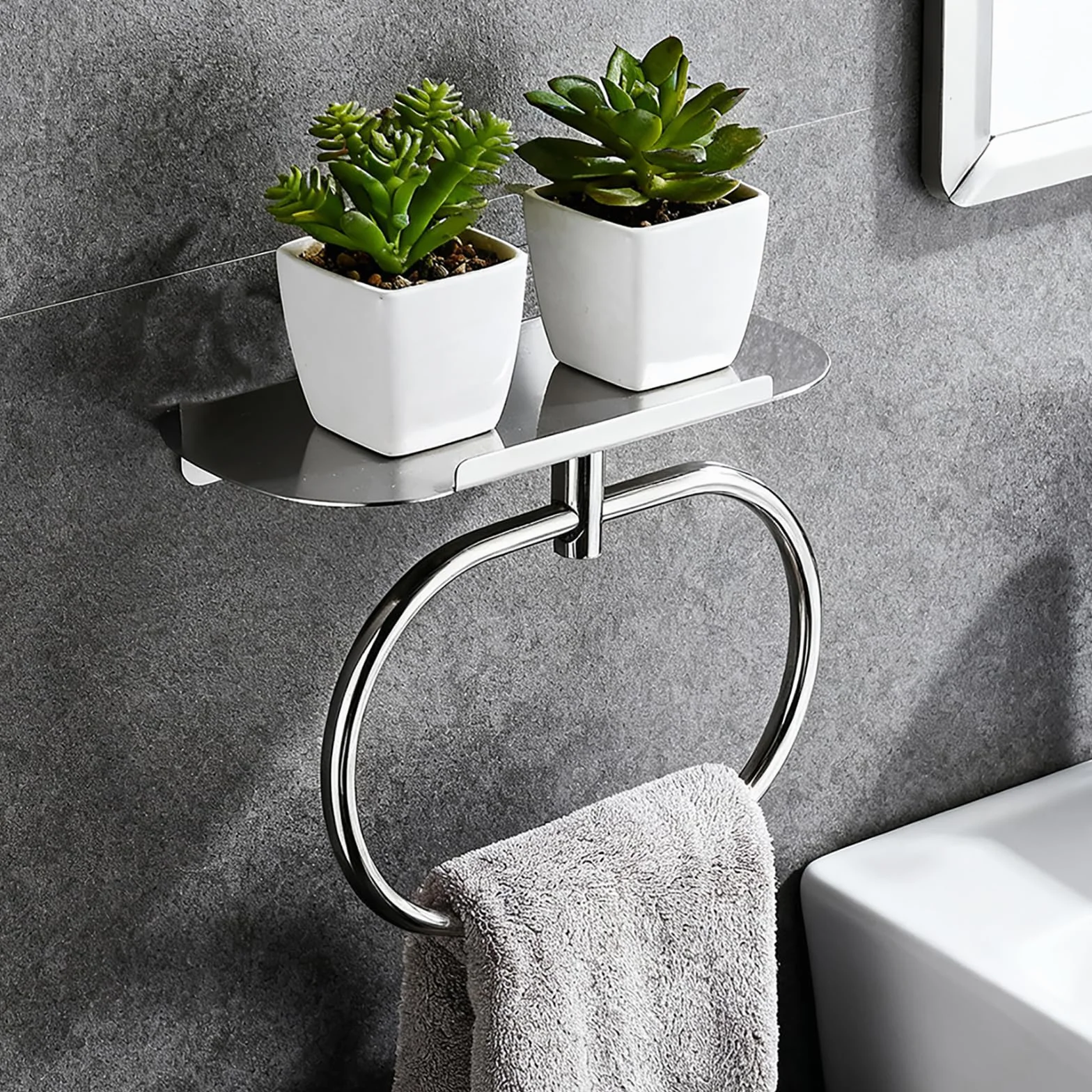 Anillo de Toalla con Estante de Acero, Soporte Adhesivo de Acero Inoxidable, Anillo de Toalla de Mano Autoadhesivo para Baño, Colgador de Toallas Montado en la Pared para Baño (Cromado)
